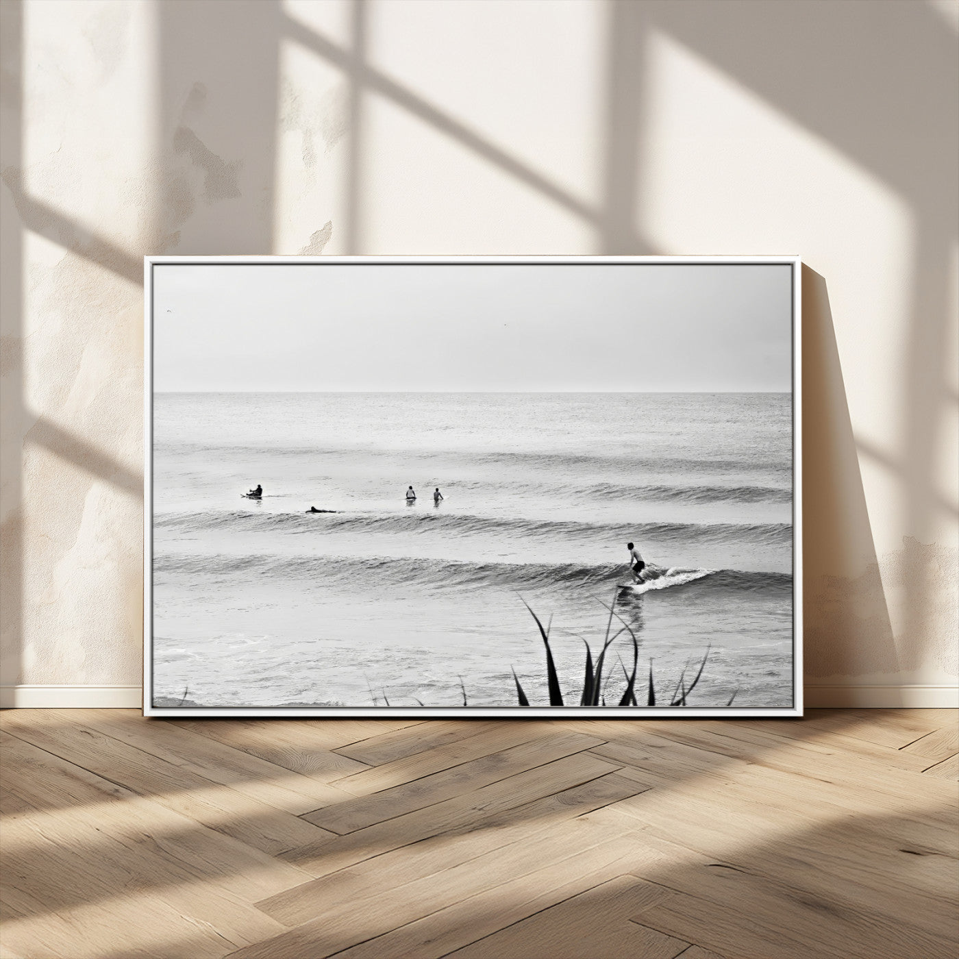 33821421-MGV-CV-36X24-Surfer Silhouette Wall Art – Framed Calm Ocean Canvas Artwork, Monochrome Minimal Design, Modern Coastal Decor for Home, Office