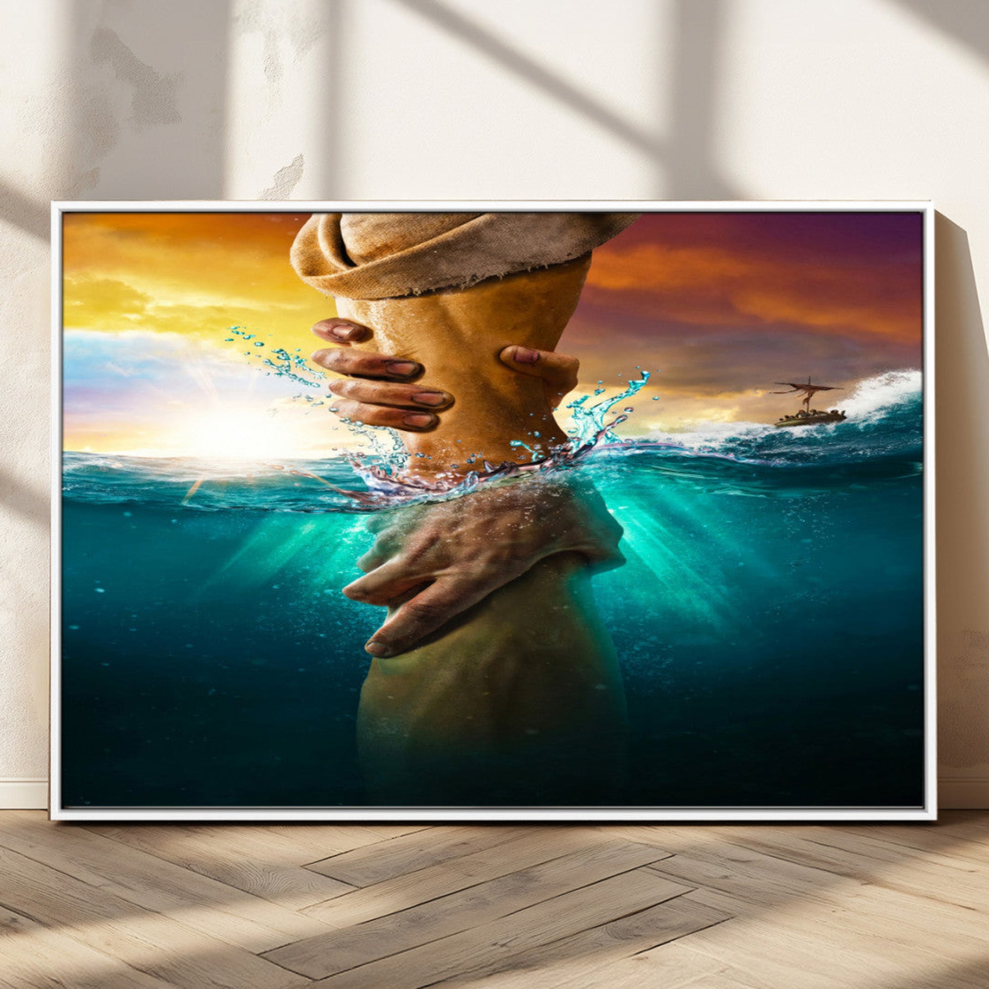 A dramatic scene of a hand reaching underwater and being lifted, symbolizing rescue and faith, ideal for spiritual or Christian wall decor.