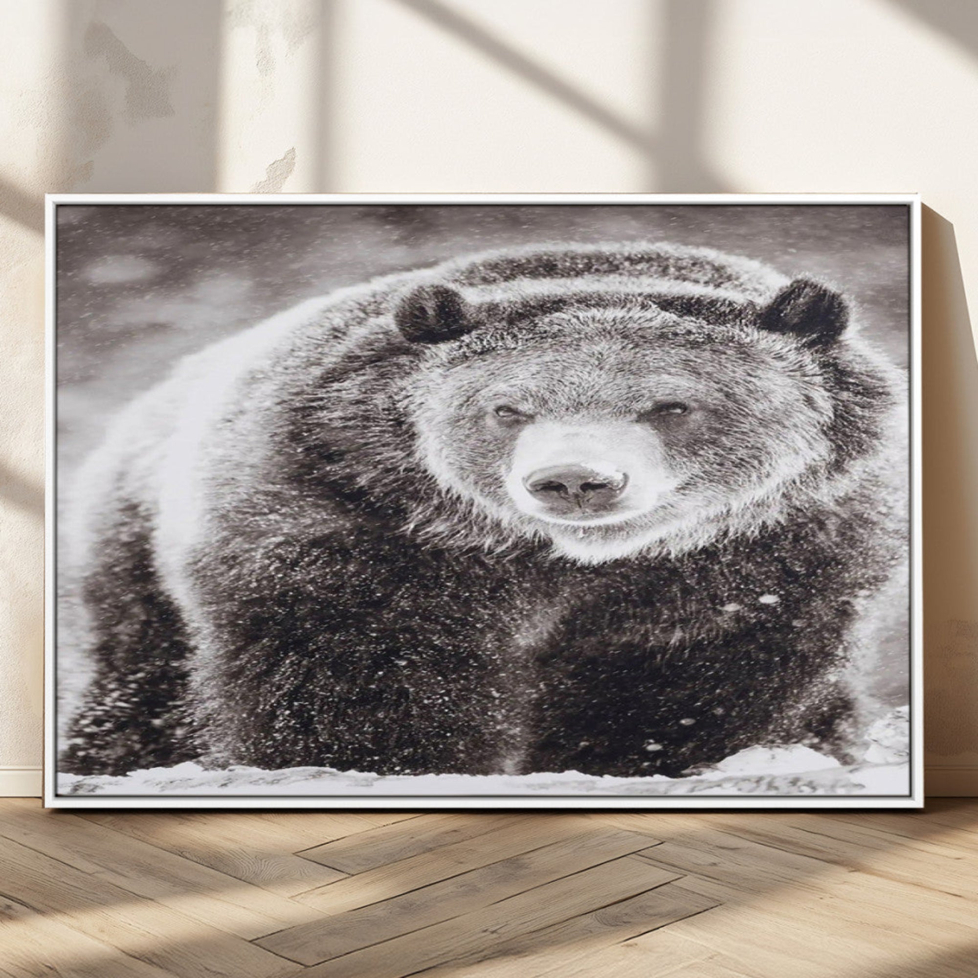 Snow-covered grizzly bear in black and white, ideal for rustic lodge, cabin or wildlife-themed home wall decor.