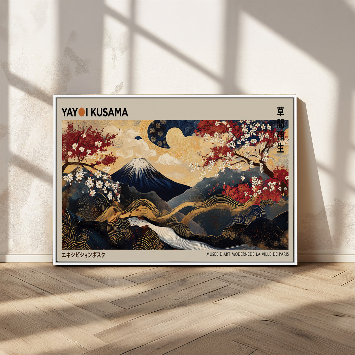 54967195-MGV-CV-36X24-Modern Japanese Wall Art Canvas Print – Framed Abstract Mount Fuji Scene with Yayoi Kusama Japanese Artwork for Home, Office