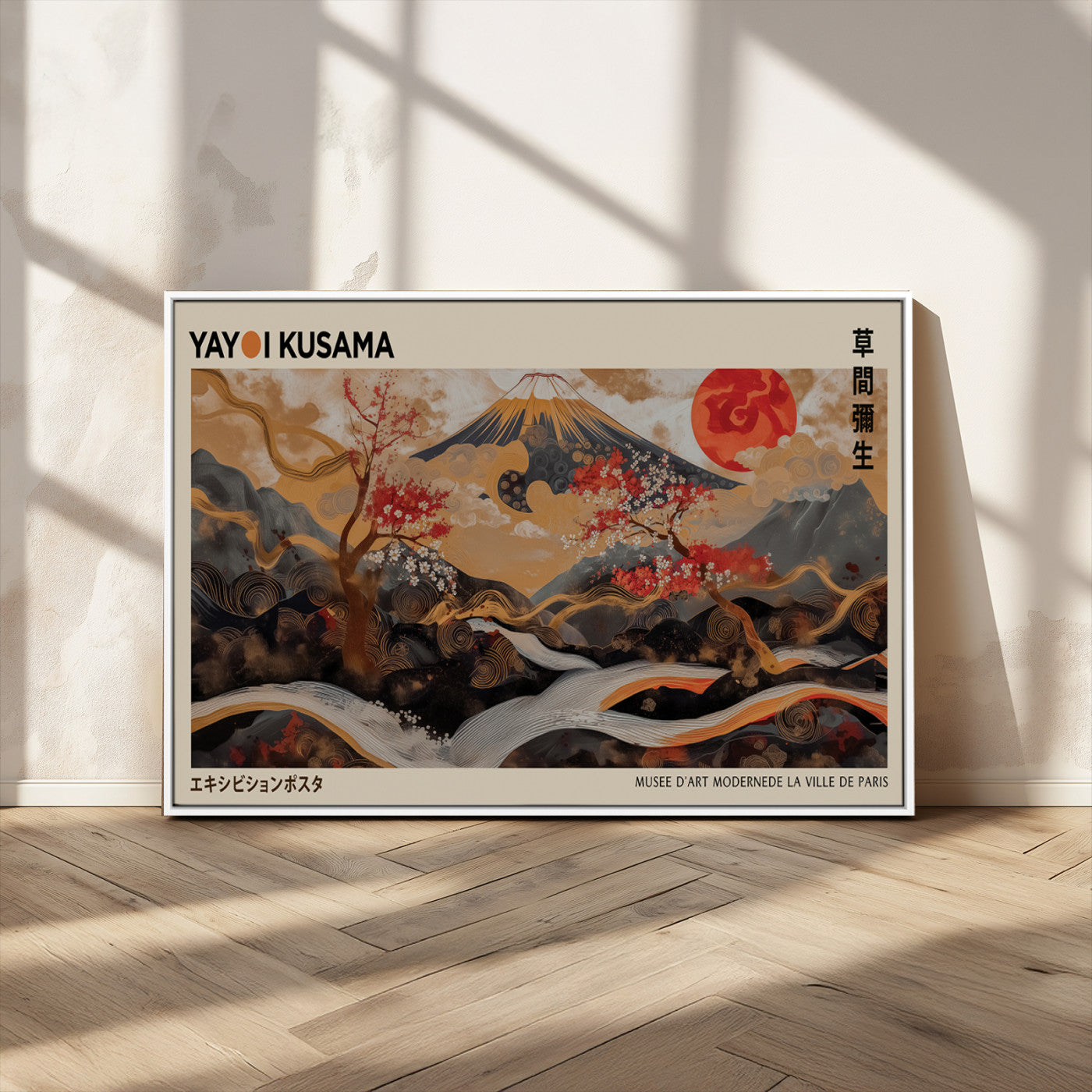 77970791-MGV-CV-36X24-Modern Japanese Wall Art Canvas Print – Framed Abstract Mount Fuji Scene with Yayoi Kusama Artwork for Home, Office