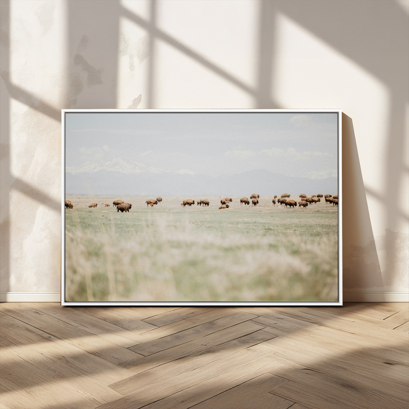 -Bison Herd Wall Art Canvas Print – Framed Western Bison Ranch Nature Scene Artwork for Home, Office, Living Room