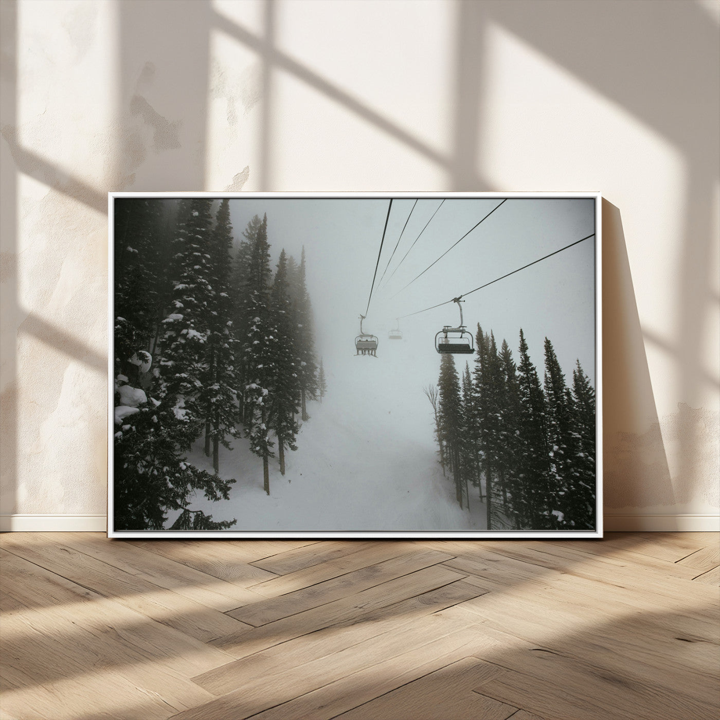 87018452-MGV-CV-36X24-Ski Lift Wall Art Canvas Print – Snowy Pines Misty Landscape Winter Serenity Artwork for Home, Office Decor
