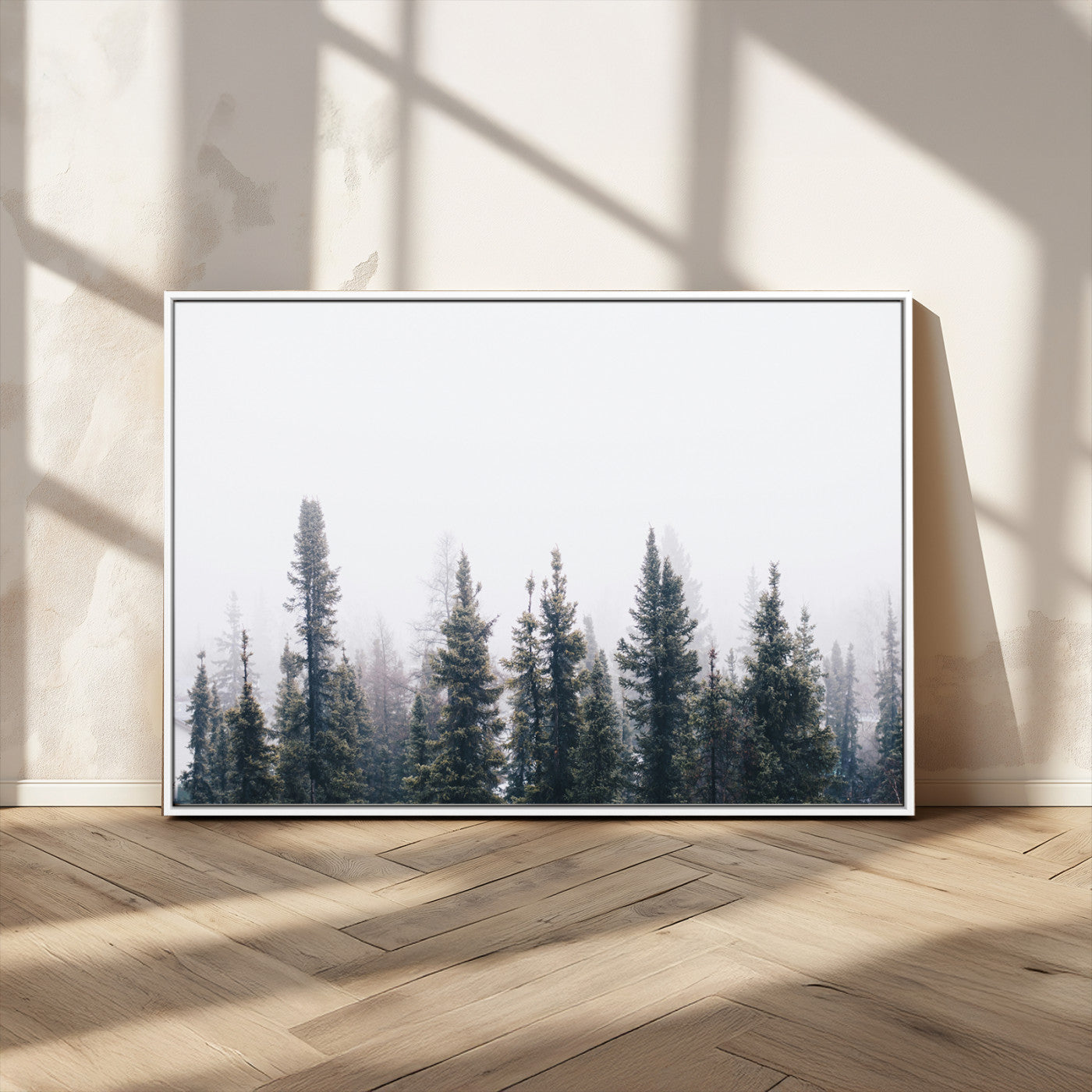 -Foggy Forest Wall Art Canvas Print – Framed Misty Pines Moody Woodland Nature Scene Artwork for Home Office