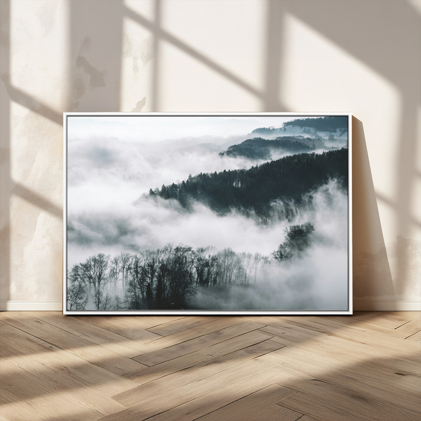 67569654-MGV-CV-36X24-Foggy Forest Landscape Wall Art Canvas Print – Misty Mountain Valley Scene Monochrome Tones Nature Artwork for Home Office