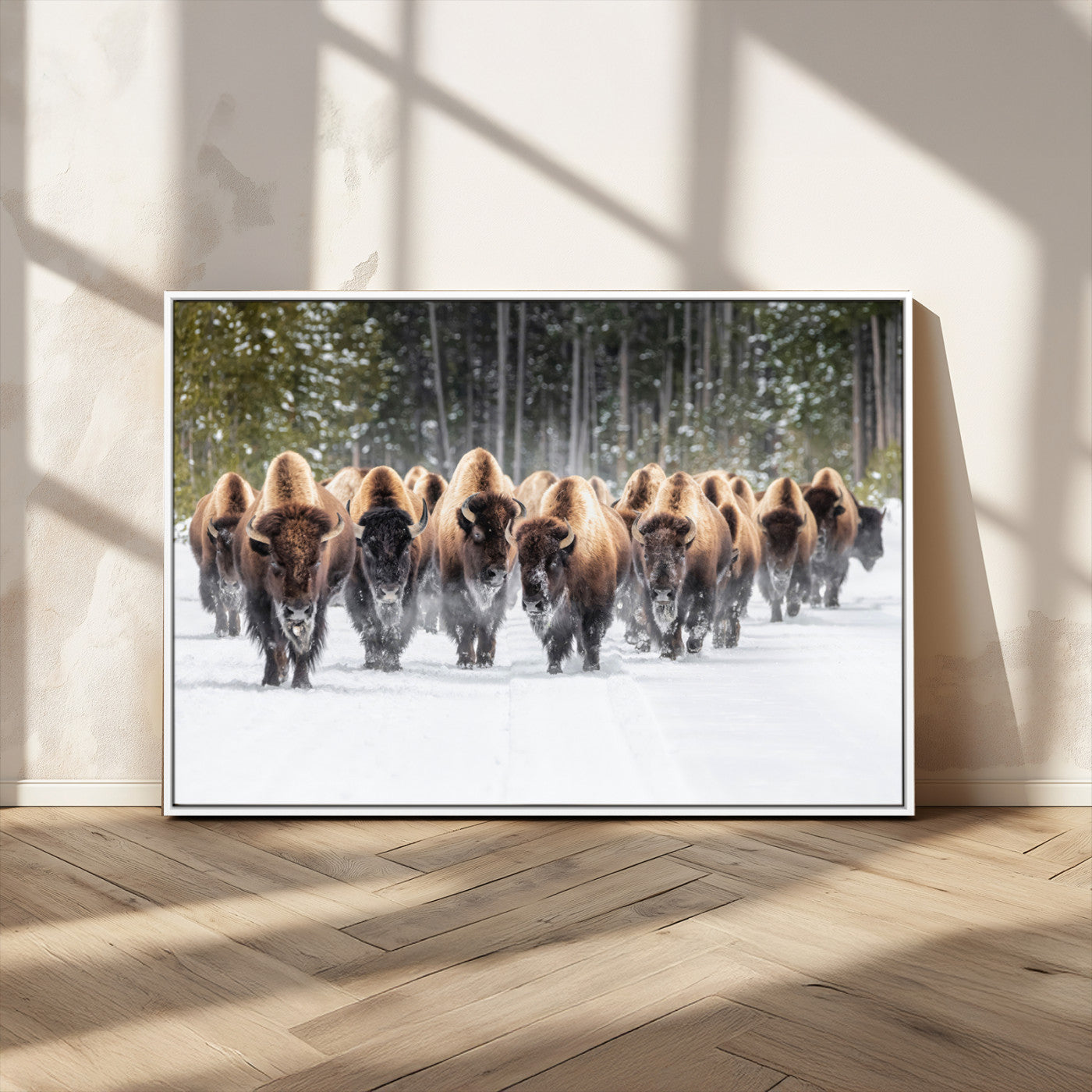 96906195-MGV-FC-36X24 - American Bison Herd Snow Canvas Wall Art – Powerful Winter Wildlife Print of Buffalo Motion, Rustic Lodge or Western Cabin Decor for Living Room, Office