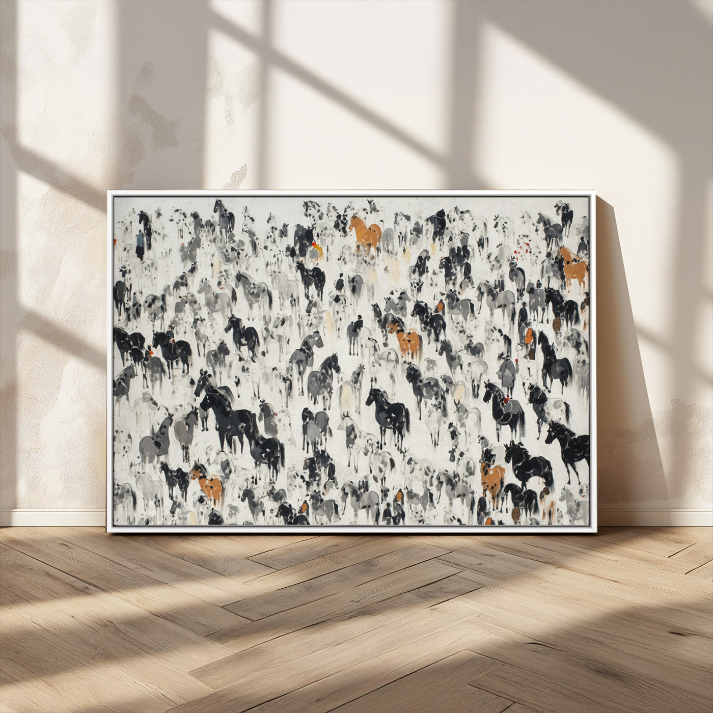 56463722-MGV-CV-36X24-Wild Horse Stampede Wall Art Canvas Print – Monochrome Running Horses Dynamic Motion Elegant Scene Artwork for Home, Office