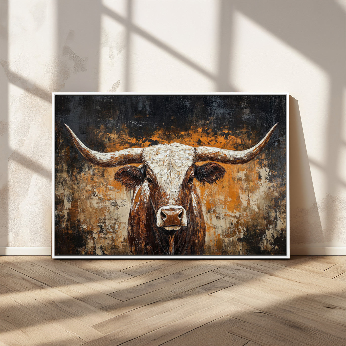 25265572-MGV-CV-36X24-Rustic Longhorn Bull Wall Art Canvas Print – Vintage Western Cattle Scene, Texas Steer Artwork for Home, Office