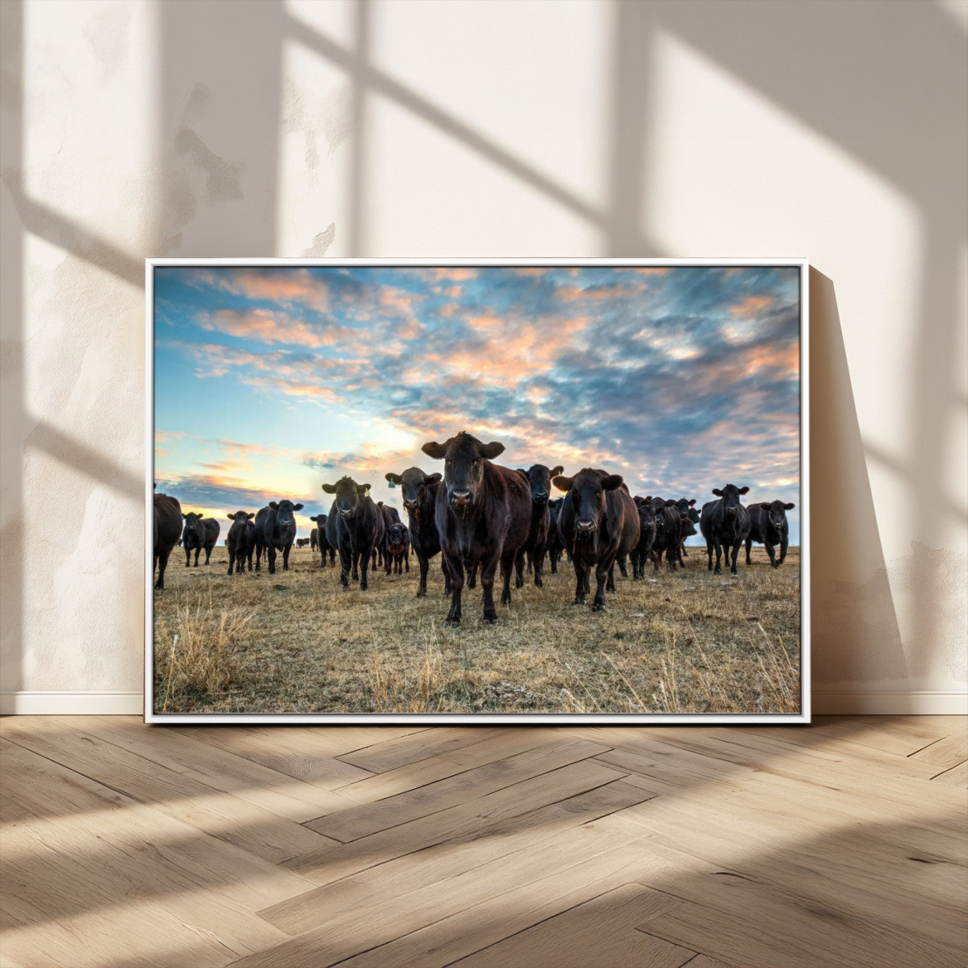-Texas Longhorn Cattle Wall Art Canvas Print – Rustic Western Ranch Scene with Steers Sunset for Home, Office