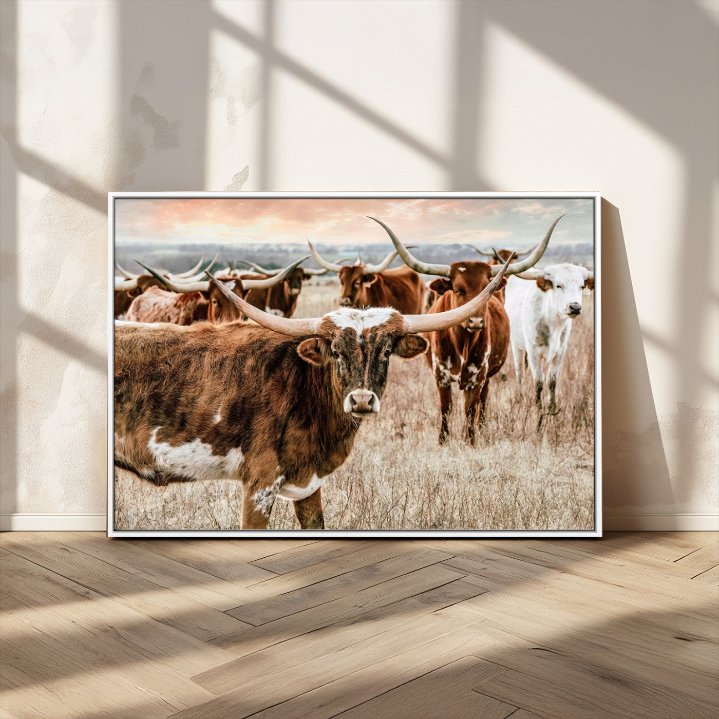 -Texas Longhorn Cattle Wall Art Canvas Print – Rustic Western Ranch Scene with Steers Sunset for Home, Office