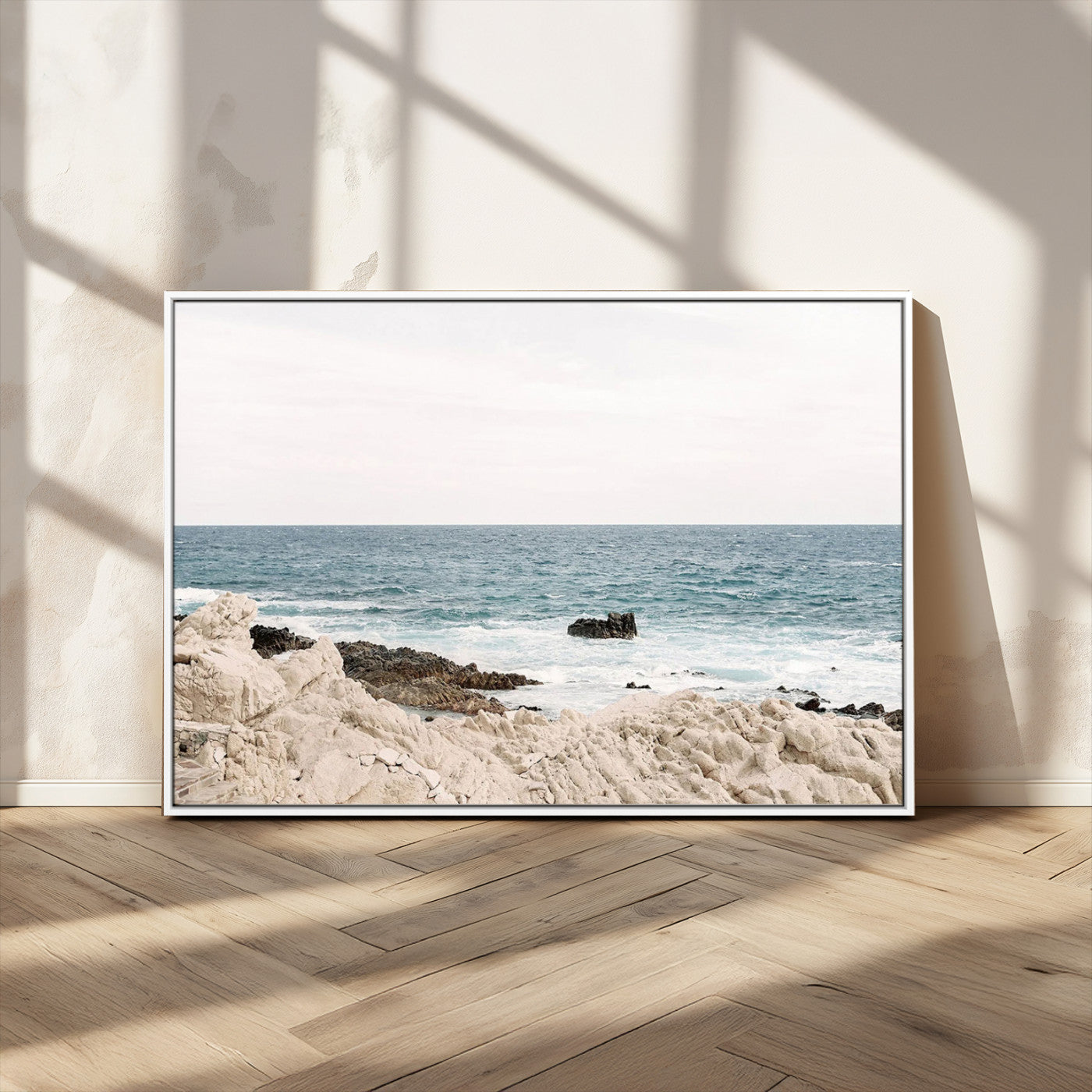 -Coastal Ocean View Wall Art Canvas Print – Serene Rocky Shoreline and Blue Sea Photography for Home, Office