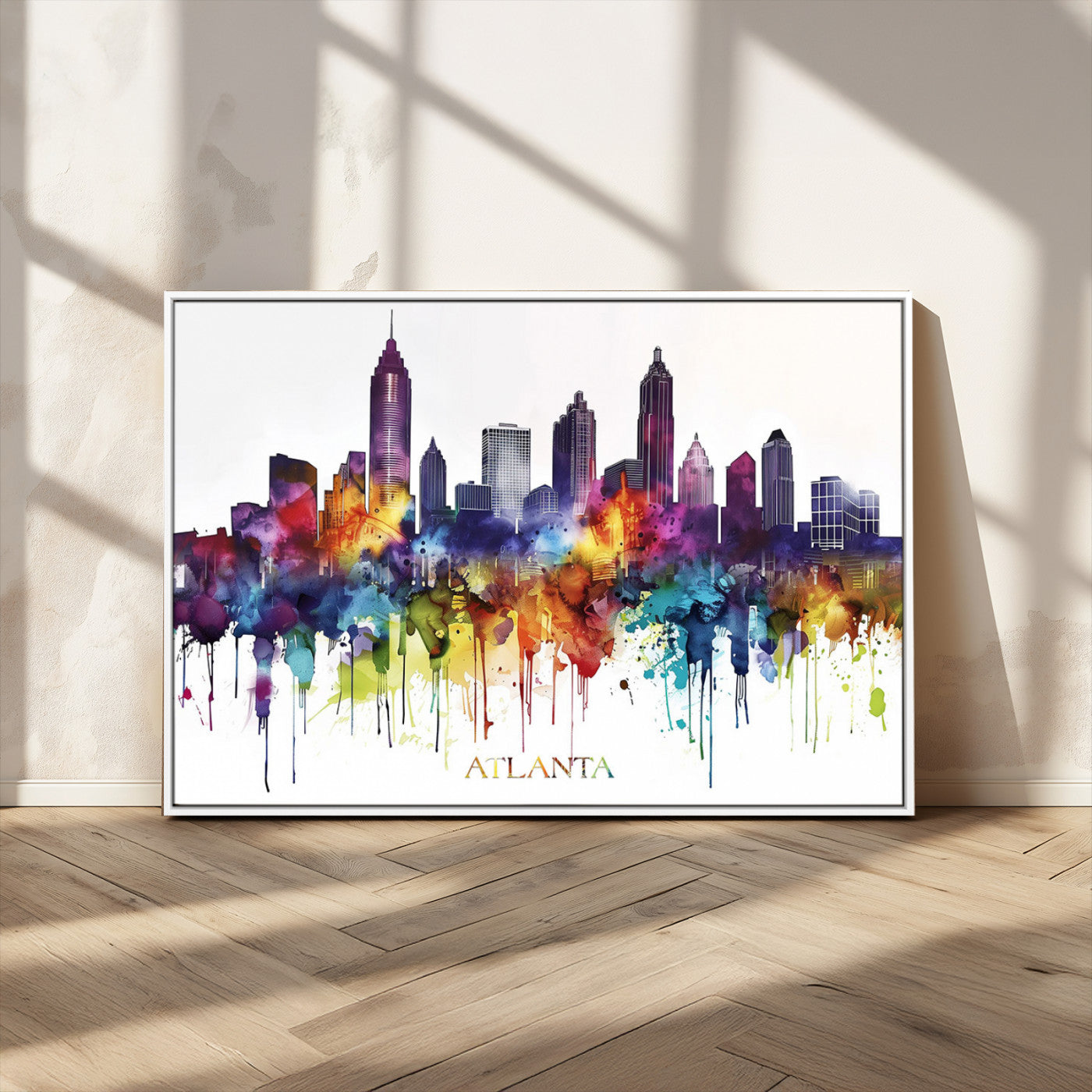 36048320-MGV-CV-36X24-Atlanta Skyline Wall Art Canvas Print – Framed Colorful Watercolor Cityscape Abstract Urban Artwork for Home, Office