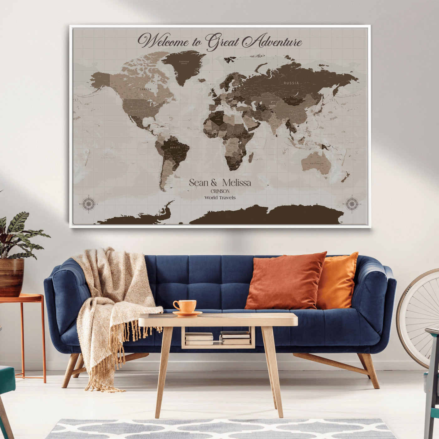 Rehber01-MGV-CV-36X24-Custom Push Pin World Map Wall Art Canvas Print – Personalized Travel Tracker with Pins Framed Large for home, office