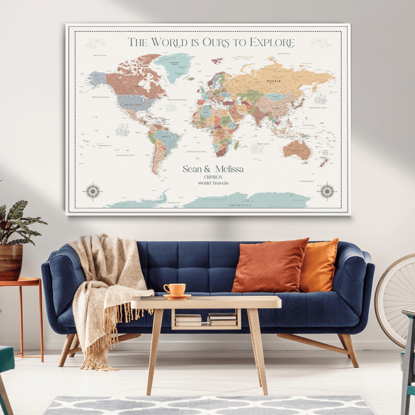 Rehber01-MGV-CV-36X24-Custom Push Pin World Map Wall Art Canvas Print – Personalized Travel Tracker with Pins Framed Large for home, office