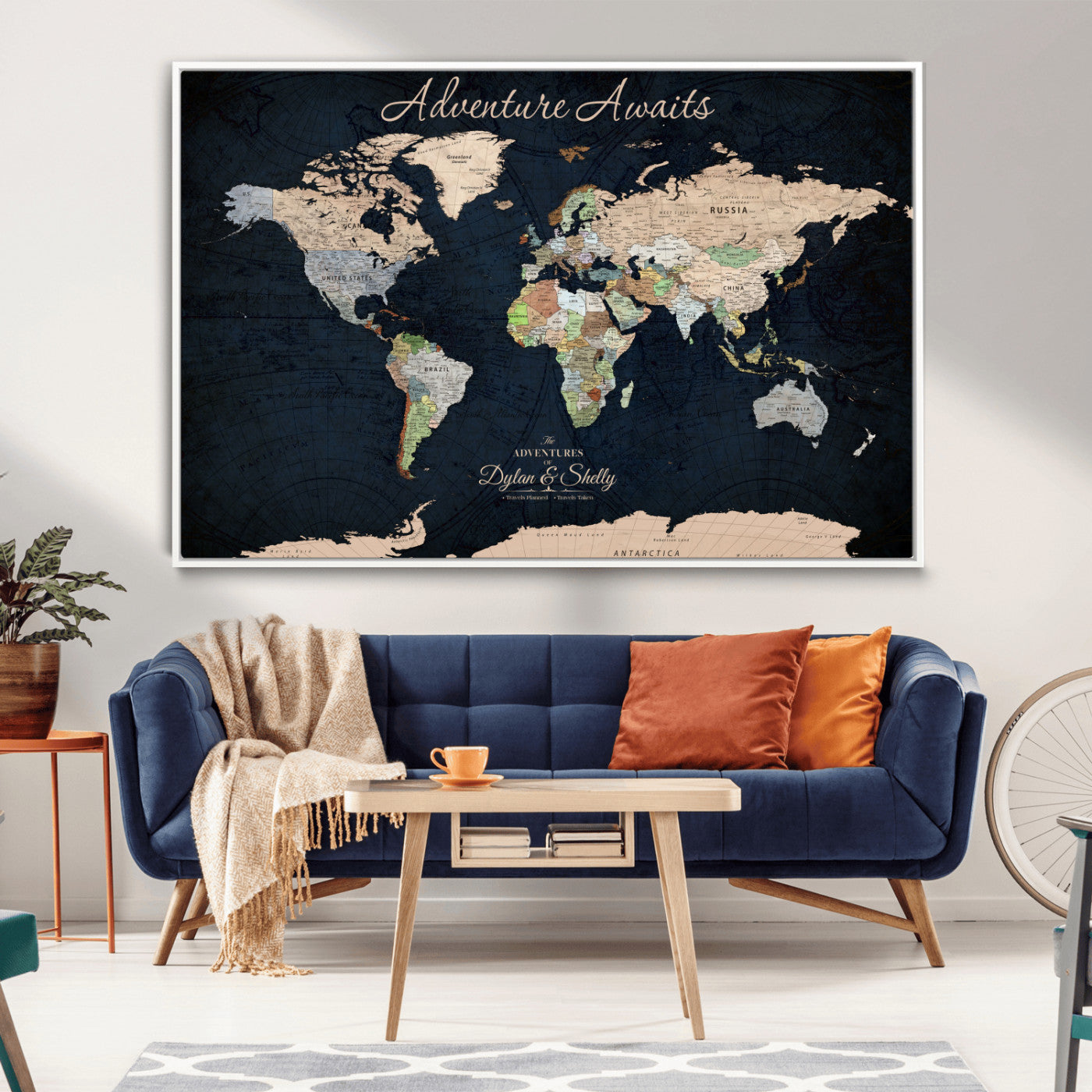 Rehber01-MGV-CV-36X24-Personalized World Map Canvas Print – Framed Push Pin Travel Wall Art for Couples – Adventure & Anniversary Gift