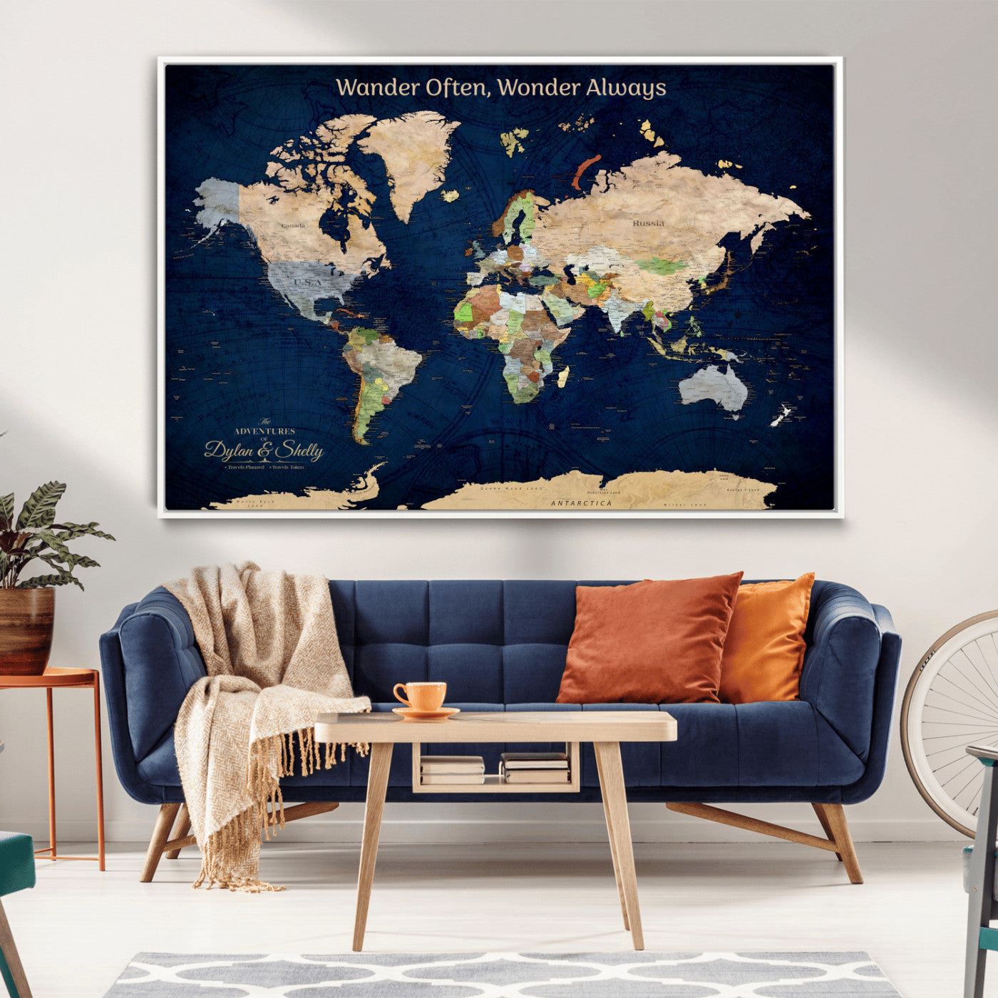 Rehber01-MGV-CV-36X24-Personalized World Map Canvas – Custom Framed Push Pin Travel Map Wall Art, Navy Blue Vintage Gift for Couples and Adventurers