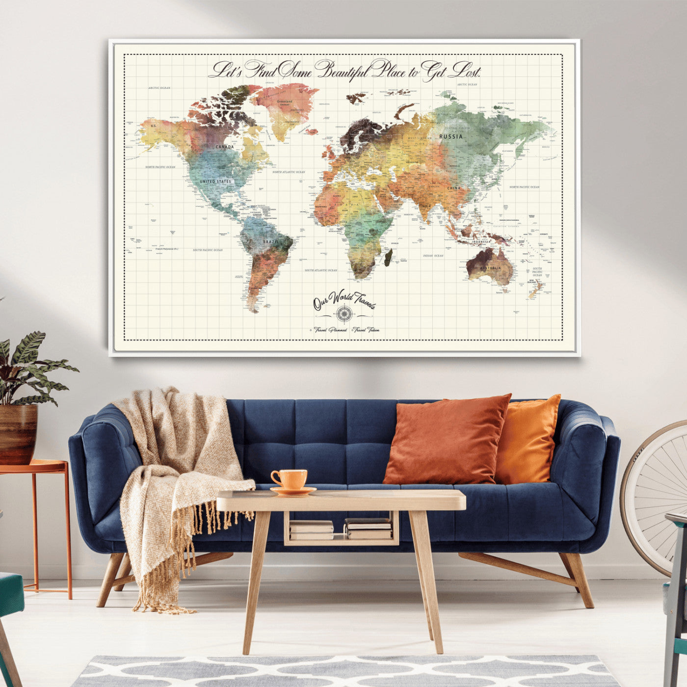 -Personalized Push Pin World Map Canvas Print – Custom Adventure Travel Tracker Map, Framed Wall Art Gift for Couples or Family