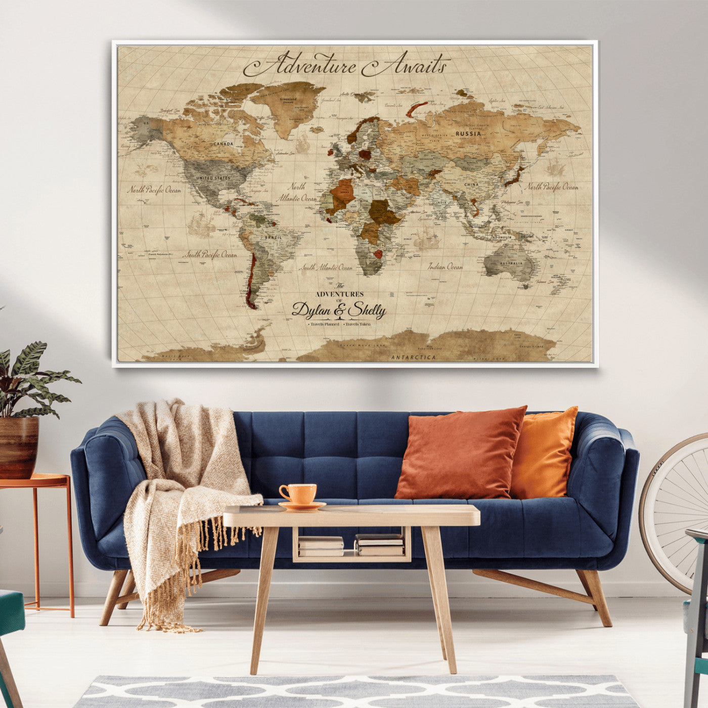 Rehber01-MGV-CV-36X24-Personalized World Map Canvas – Custom Framed Push Pin Travel Map Wall Art with Names, Vintage Style Gift for Couples