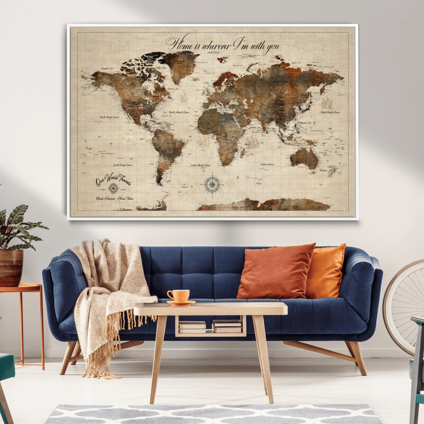 Rehber01-MGV-CV-36X24-Personalized World Map Canvas Wall Art – Custom Framed Push Pin Travel Tracker Print, Unique Gift for Home or Office Decor