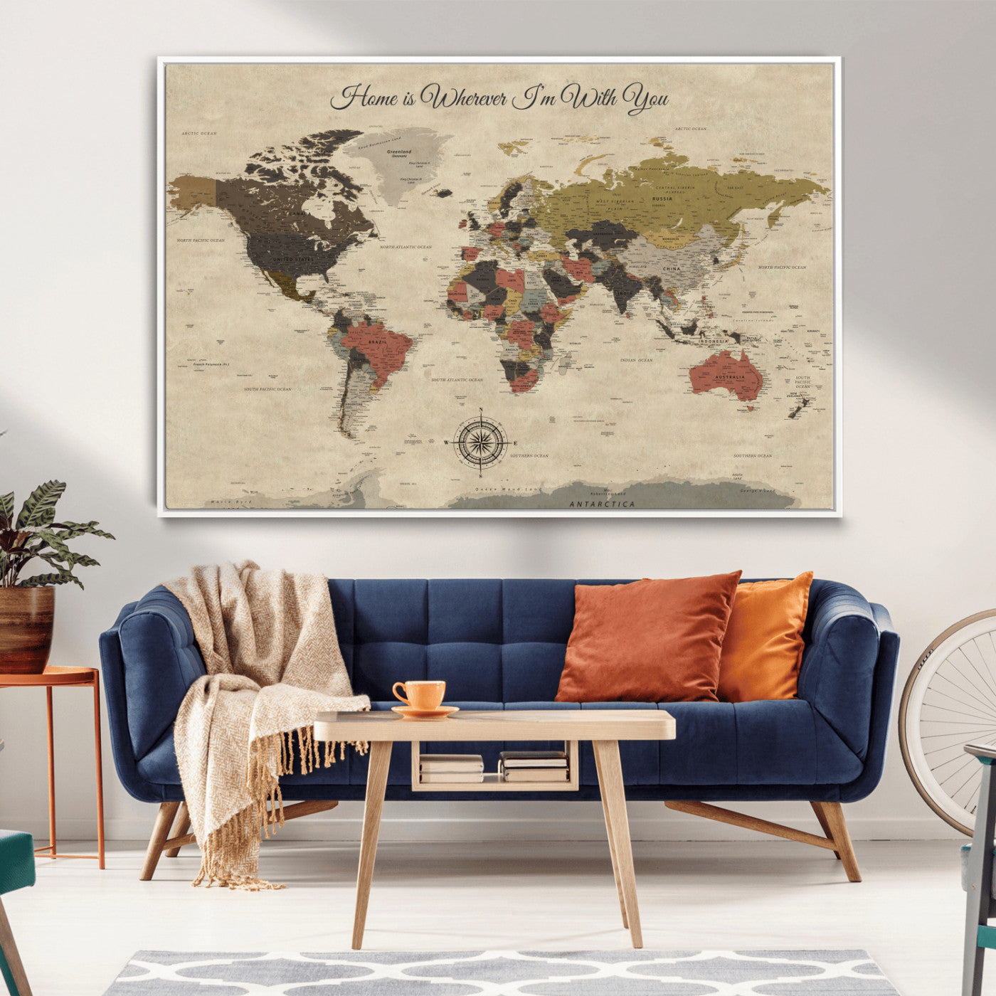 -Personalized World Map Wall Art Canvas Print – Customizable Push Pin Framed Travel Map Artwork for Home Office