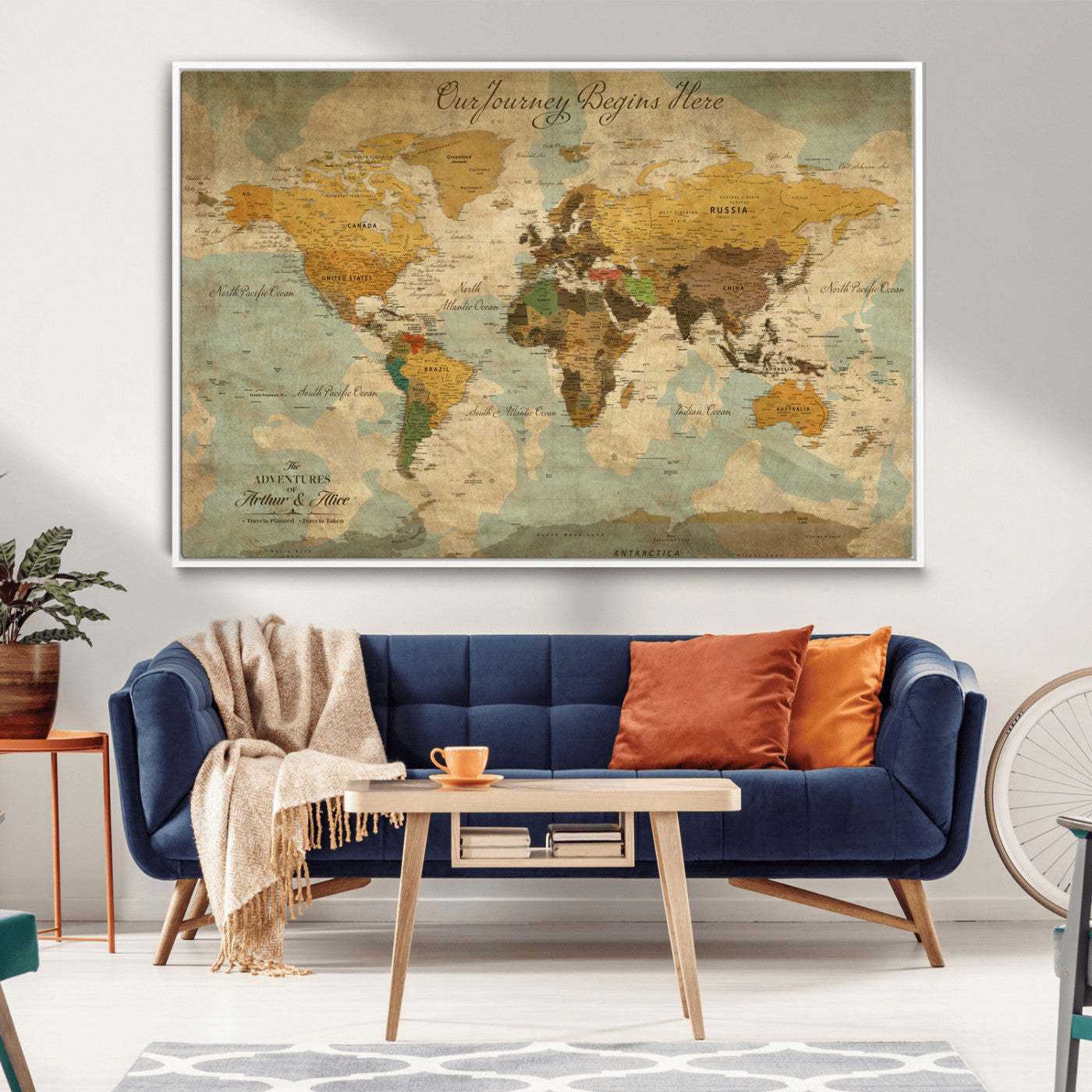 Rehber01-MGV-CV-36X24-Personalized World Map Canvas Wall Art – Custom Framed Push Pin Travel Tracker Print, Unique Gift for Home or Office Decor
