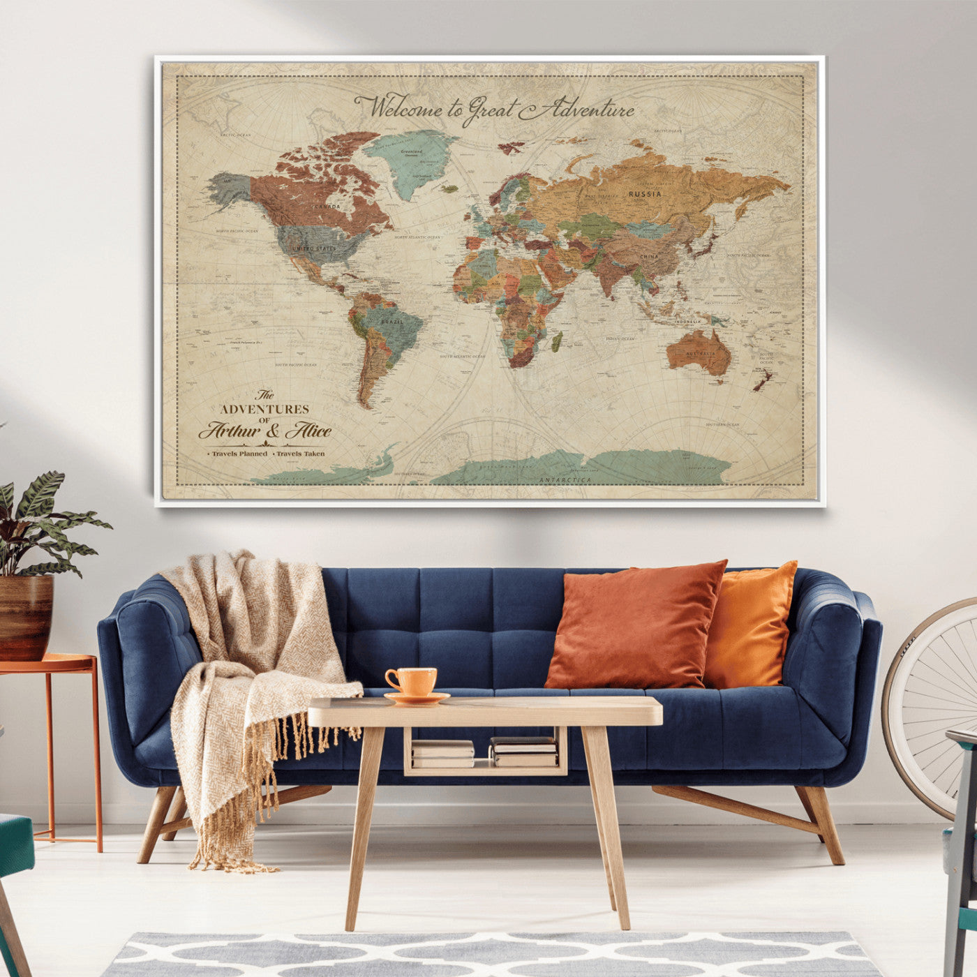 -Personalized World Map Canvas Wall Art – Custom Framed Push Pin Travel Tracker Print, Unique Gift for Home or Office Decor