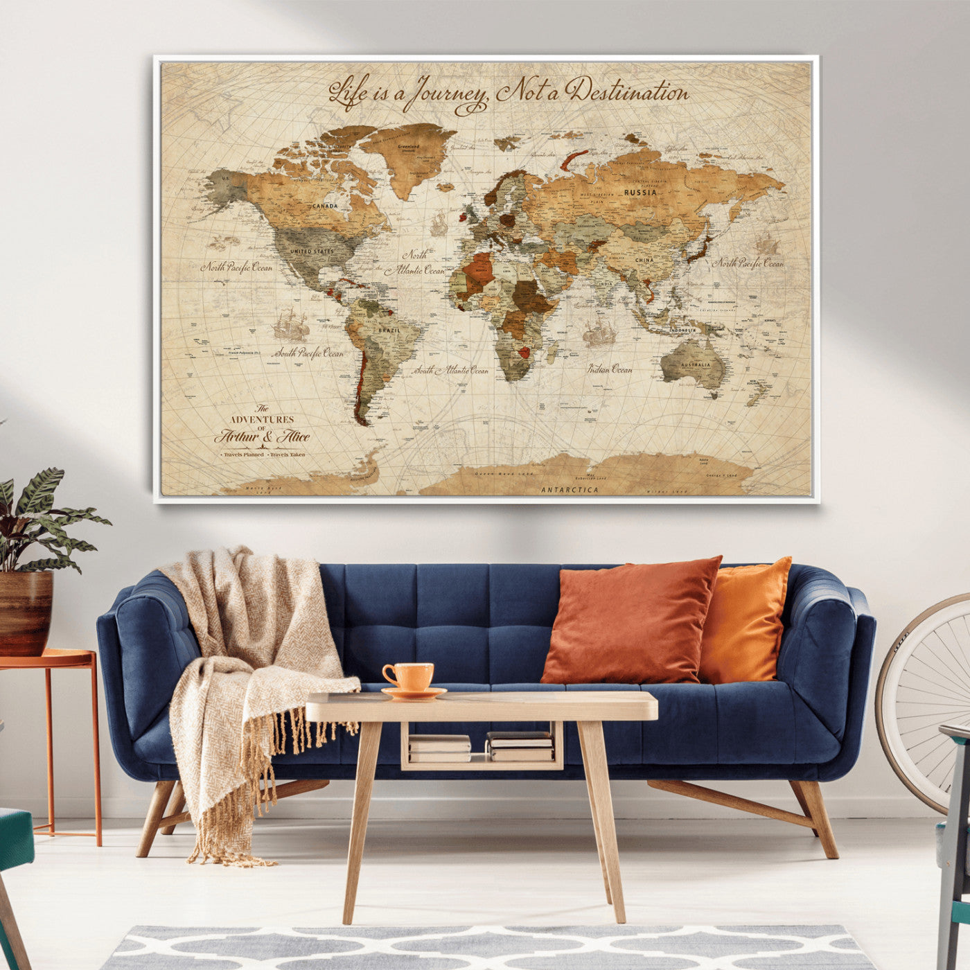 Rehber01-MGV-CV-36X24-Personalized Framed World Map Wall Art Canvas Print – Custom Push Pin Travel Tracker Handcrafted USA for Home Office
