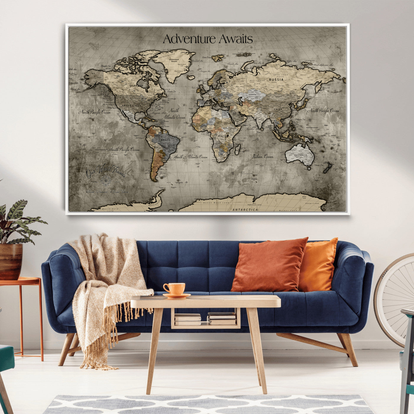 -Tree Rings Wall Art Canvas Print, Framed Wood Texture Art Picture Print, Blue Grain Perfect Rustic