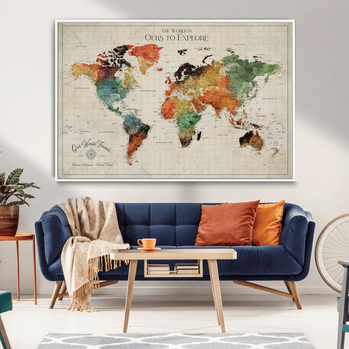 Rehber01-MGV-CV-36X24-Custom Push Pin World Map Wall Art Canvas Print – Personalized Travel Tracker Map Framed Artwork for Home Office