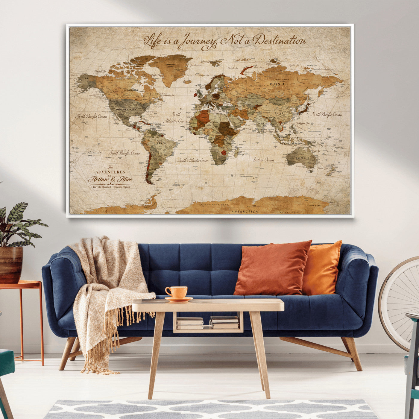 Rehber01-MGV-CV-36X24-Personalized Vintage World Map Canvas – Custom Framed Push Pin Travel Map Wall Art, Rustic Gift for Couples and Travel Lovers