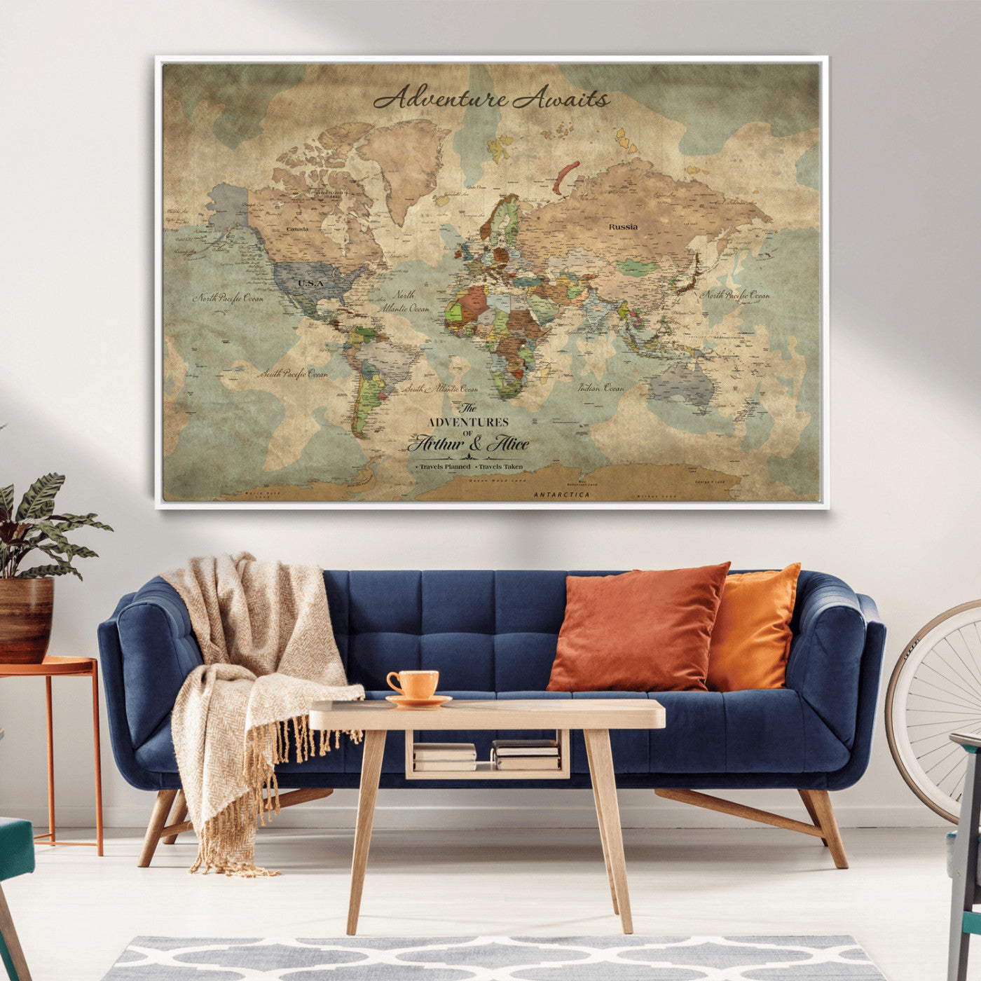 Rehber01-MGV-CV-36X24-Personalized Vintage World Map Canvas Print – Custom Push Pin Travel Map Antique Style Gift for Couples Travelers for Home Office