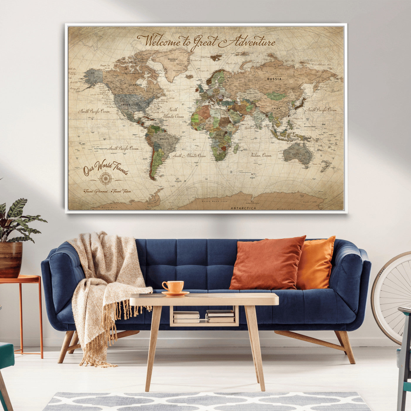 -Personalized Antique World Map Canvas Print – Custom Push Pin Travel Tracker Vintage Adventure Gift for Couples for Home, Office