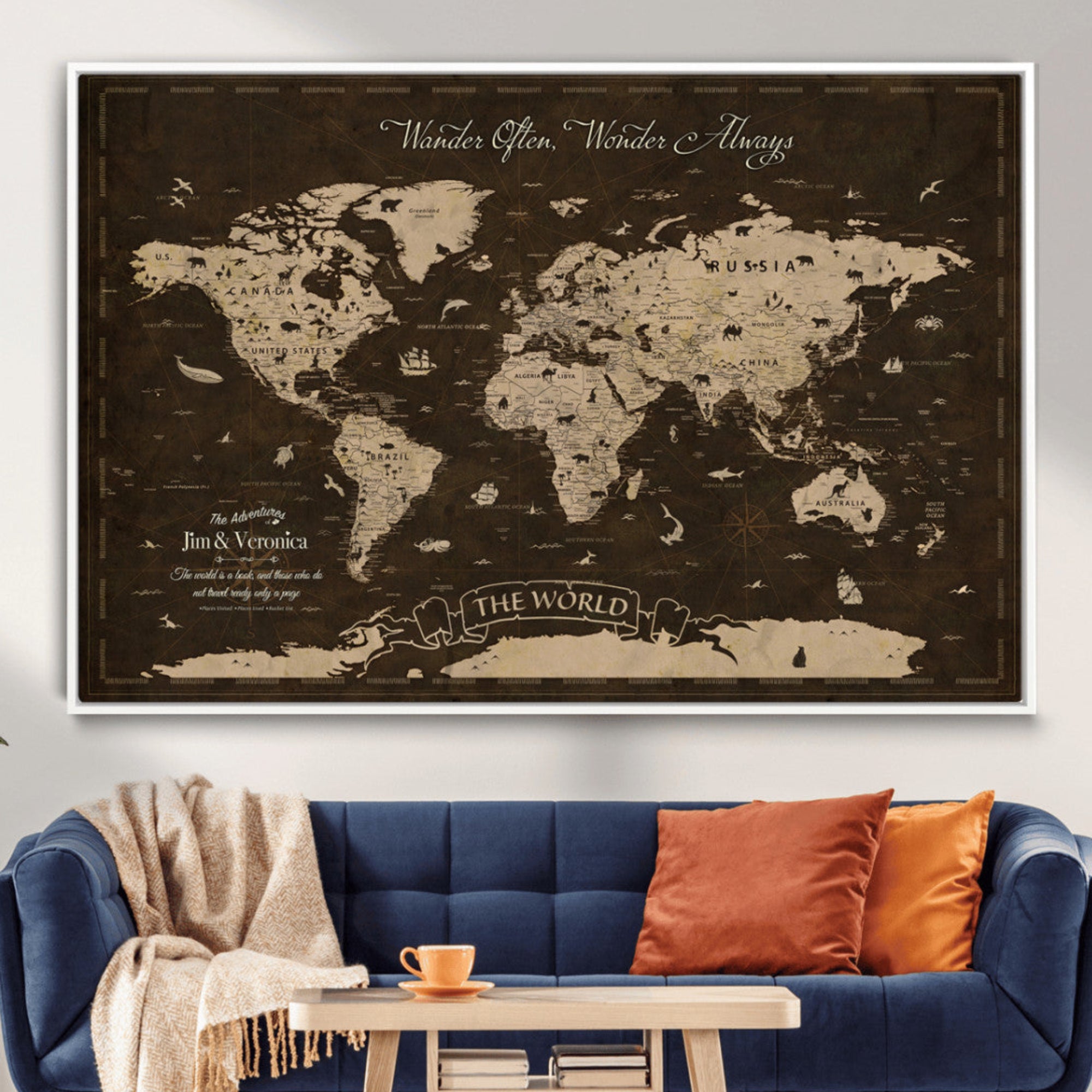 Rehber01-MGV-CV-36X24-Customize Push Pin World Map Wall Art Canvas Print – Personalized Framed Map Travel Tracker Adventure for home, office