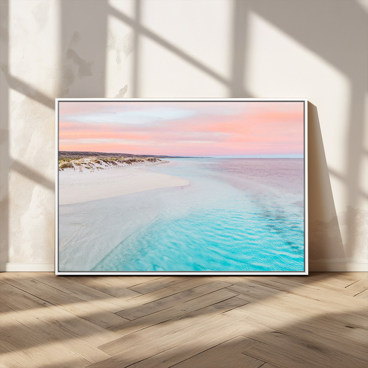 41613614-MGV-FC-36X24_White-Serene Pastel Beach Wall Art Canvas Print, Tranquil Coastal Sunset with Soft Ocean Hues Artwork for Home, Office