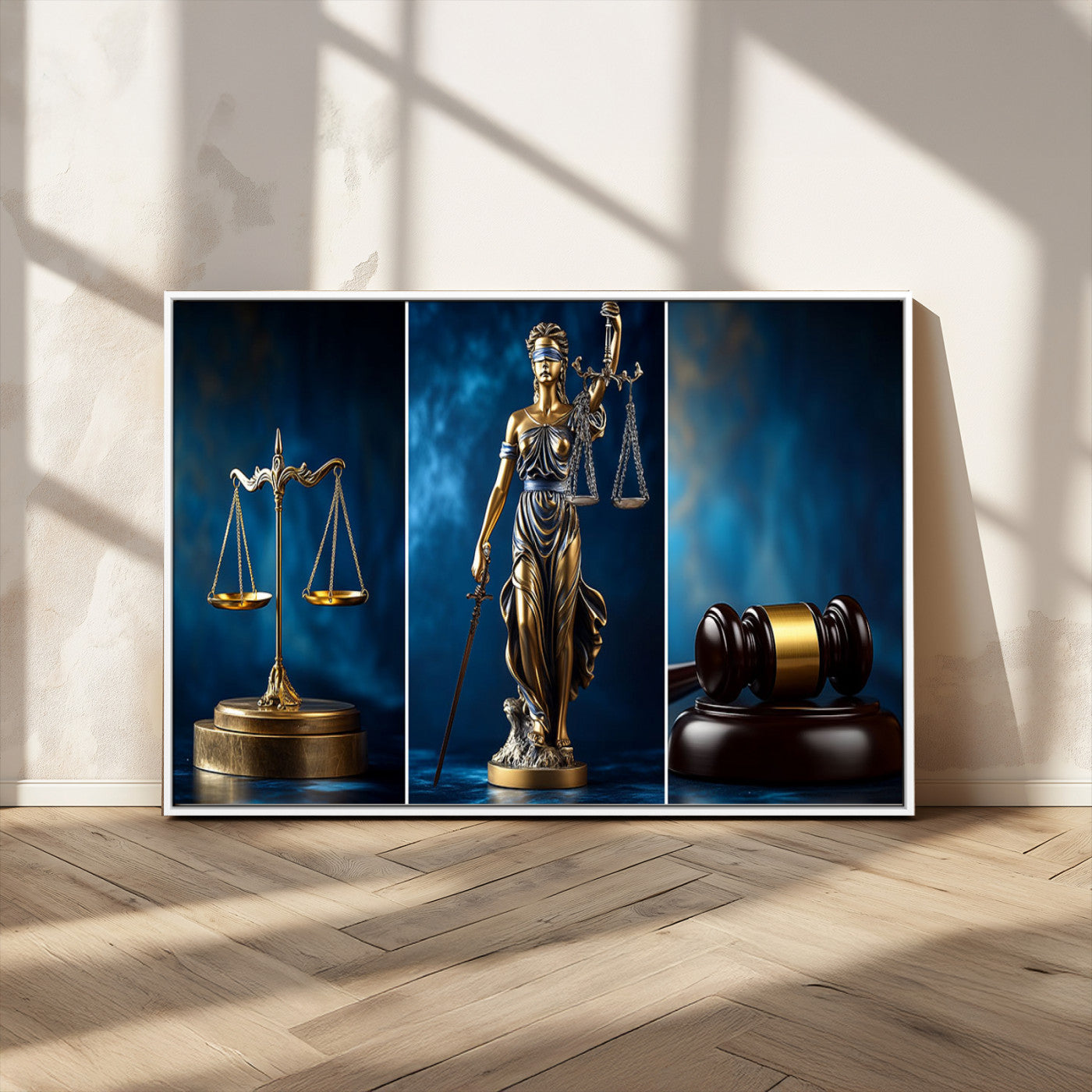 87750525-MGV-CV-36X24-Justice Scales Statue Wall Art, Lady Justice Sculpture Canvas Print, Legal Law Decor, Courtroom