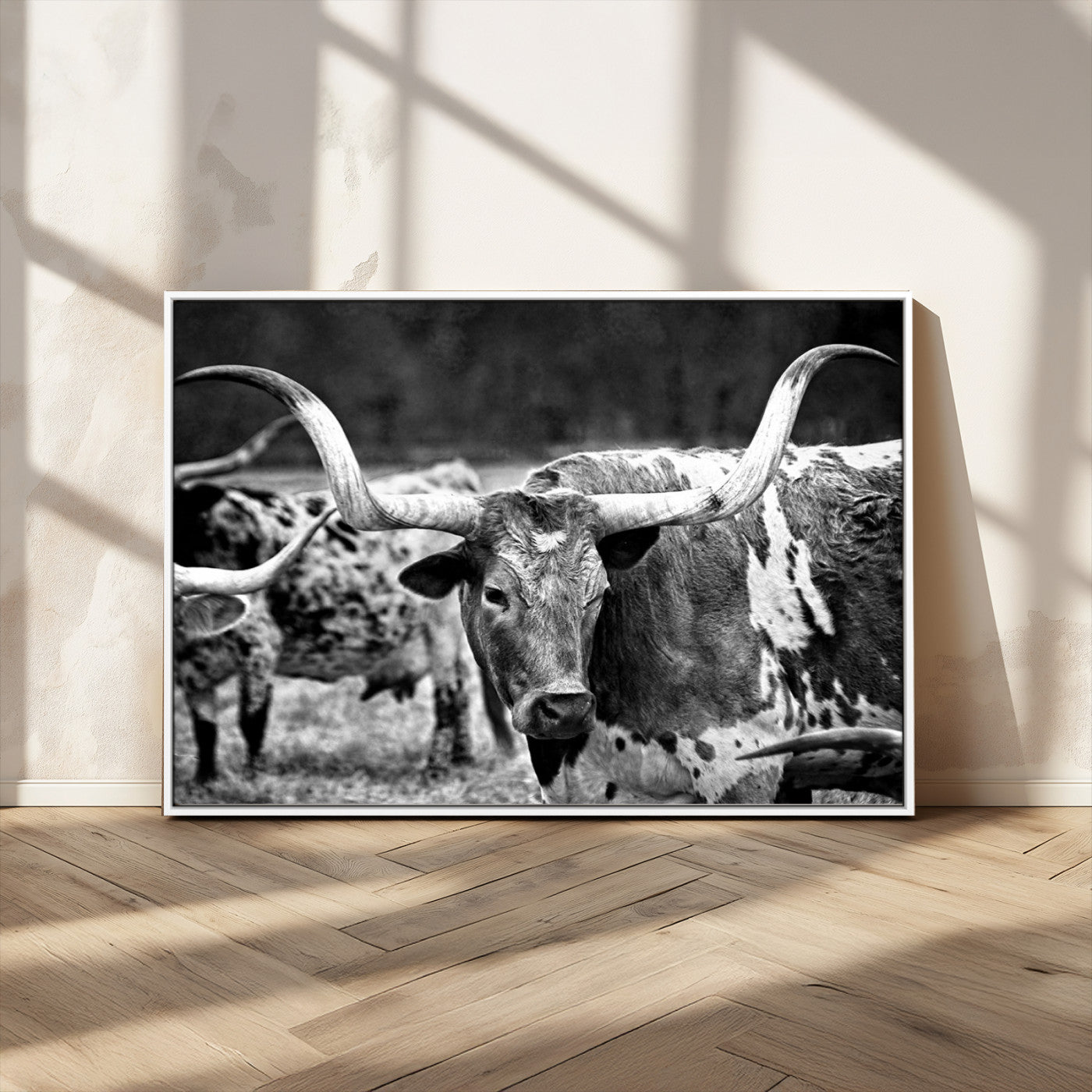 15425553-MGV-FC-36X24_White-Black & White Longhorn Cattle Wall Art Canvas Print, Rustic Farmhouse Western Design Artwork for Home, Office