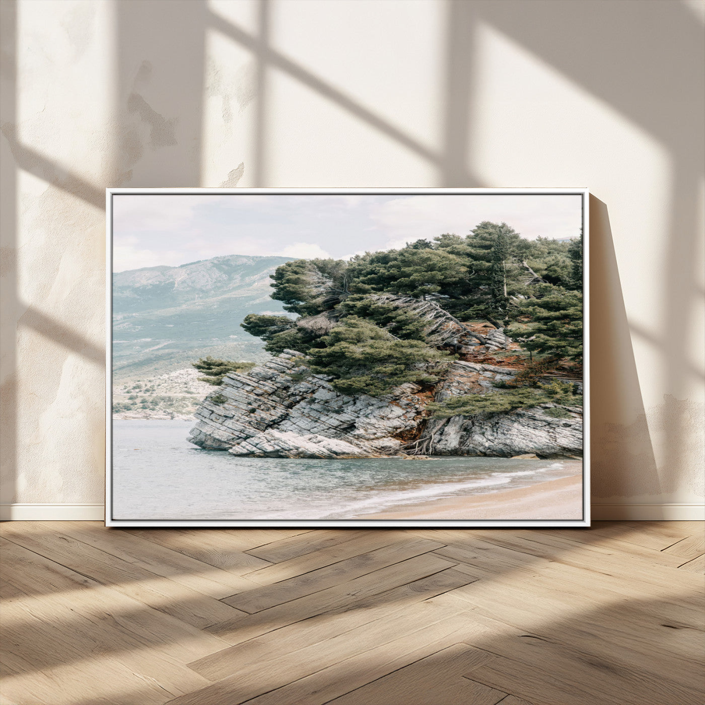 MGV-FC-36X24 - Coastal Rock Canvas Wall Art Print, Scenic Beach Landscape, Pine Trees on Rocky Cliff, Large Nature
