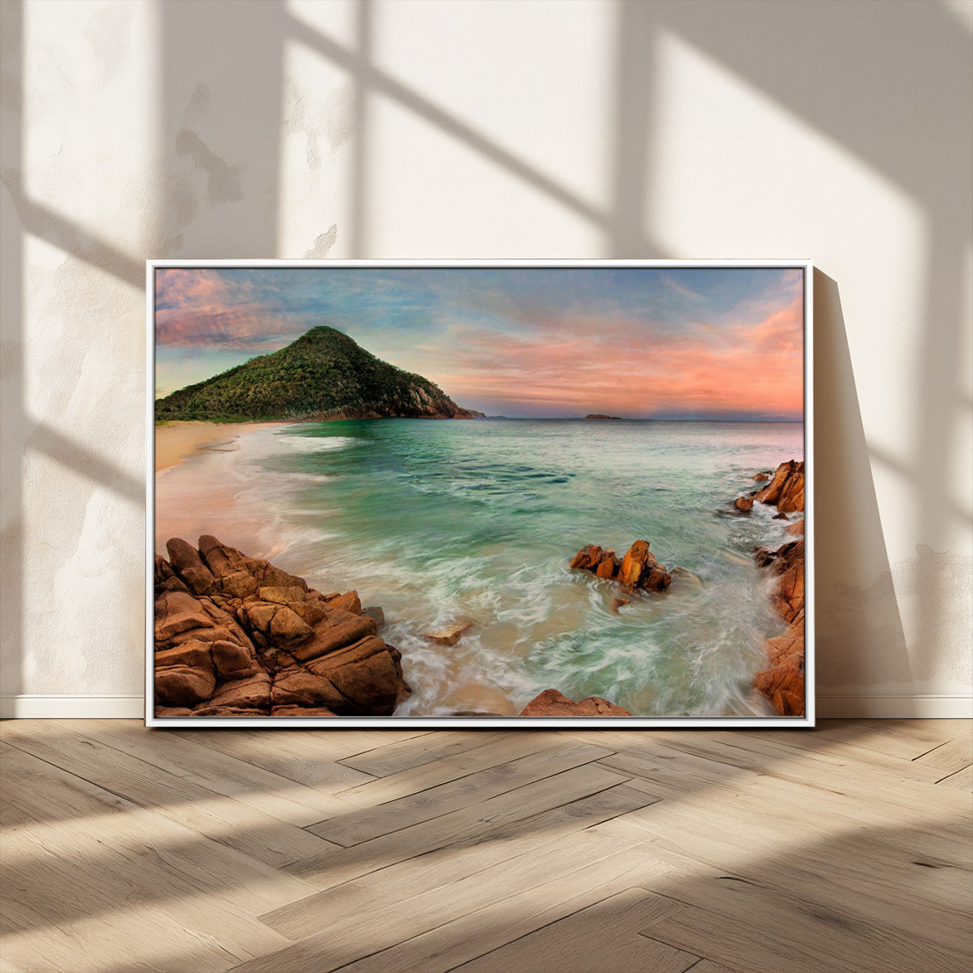 53831025-MGV-FC-36X24_White-Stunning Coastal Landscape with Rocky Shore and Green Hills at Sunset – Beautiful Ocean View Wall Art Canvas Print for Serene Home Decor.