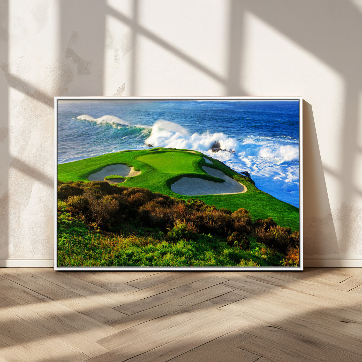 34181847-MGV-CV-36X24-Coastal Golf Course Wall Art Canvas Print – Vibrant Green with Sand Bunkers Overlooking Ocean Waves Artwork for Home, Office
