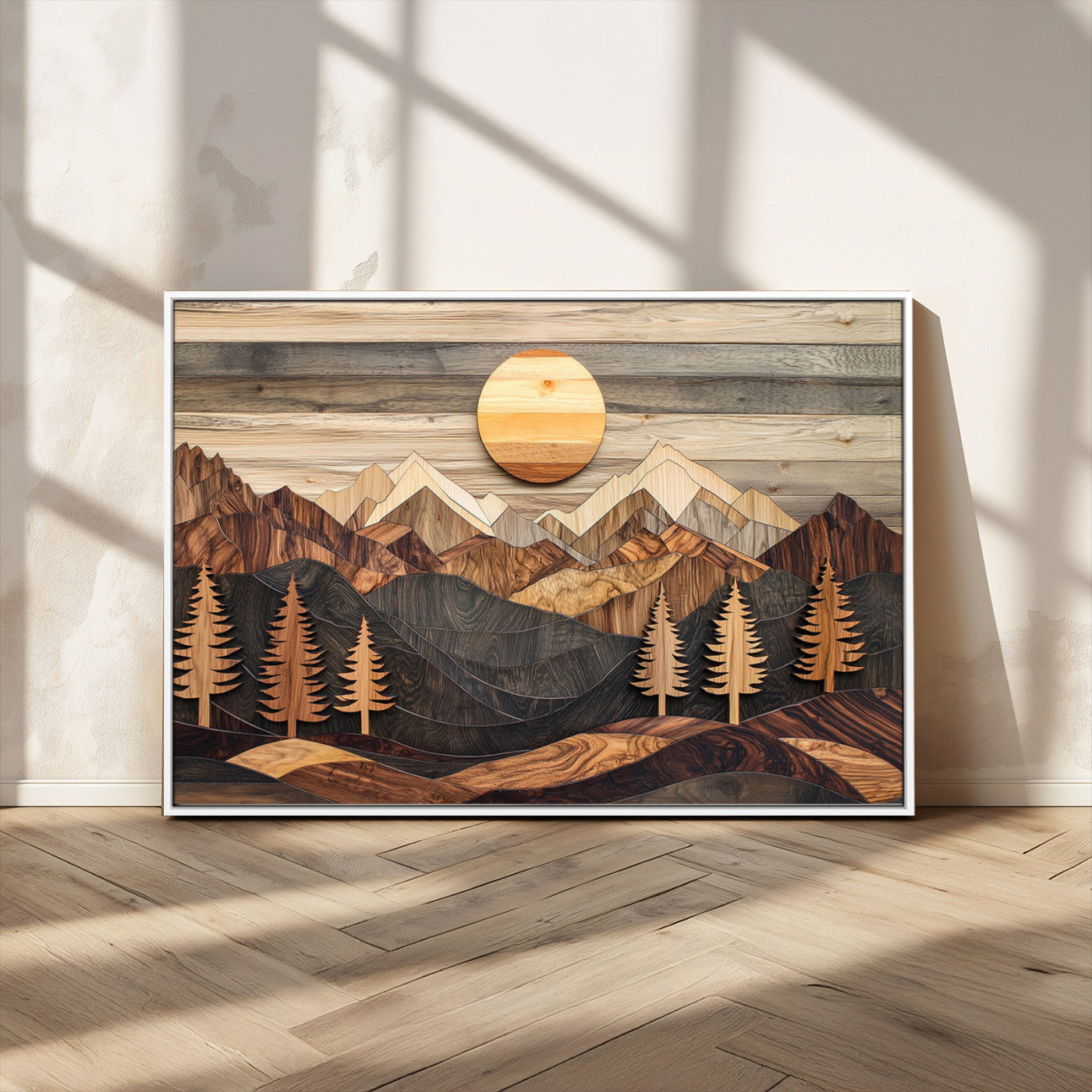 19832326-MGV-FC-36X24_White-Wooden Mountain Landscape Wall Art Canvas Print, Rustic Forest Pines and Sun Design Natural Warm Decor for Home, Office