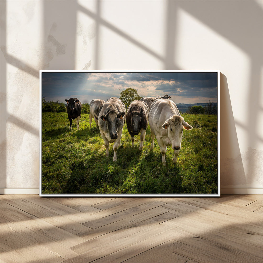 Grazing Cattle Herd Wall Art, Green Pasture Livestock Canvas Print, Rural Farm Decor