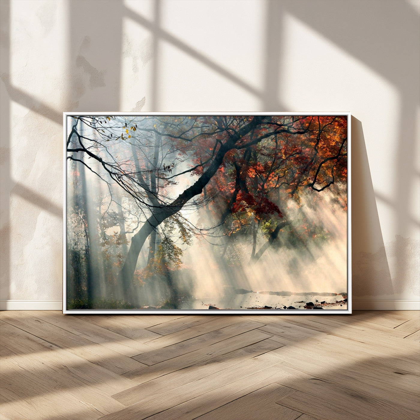 36043878-MGV-CV-36X24-Sunlit Autumn Forest Wall Art Canvas Print – Framed Mist Trees Scene with Peaceful Rays Artwork for Home, Office
