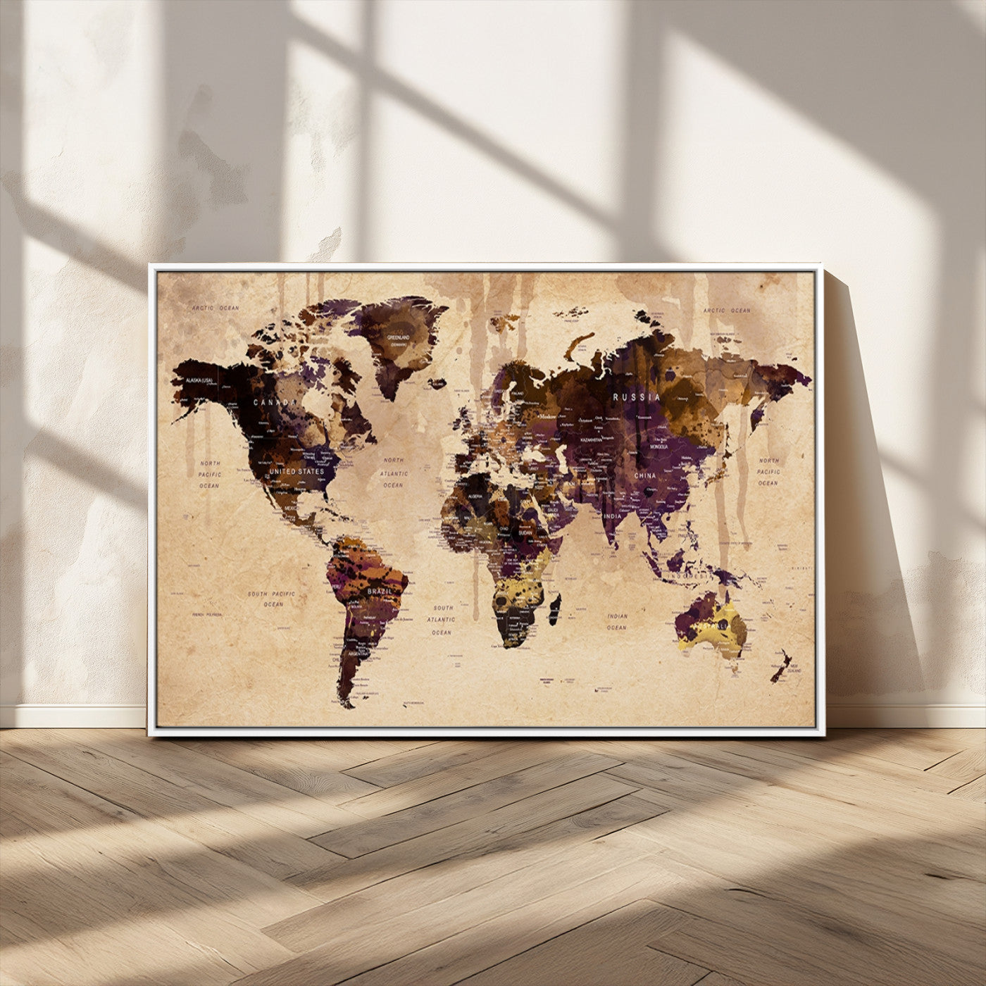 -Vintage World Map Canvas Wall Art – Framed Push Pin Travel Map for Home and Office Decor