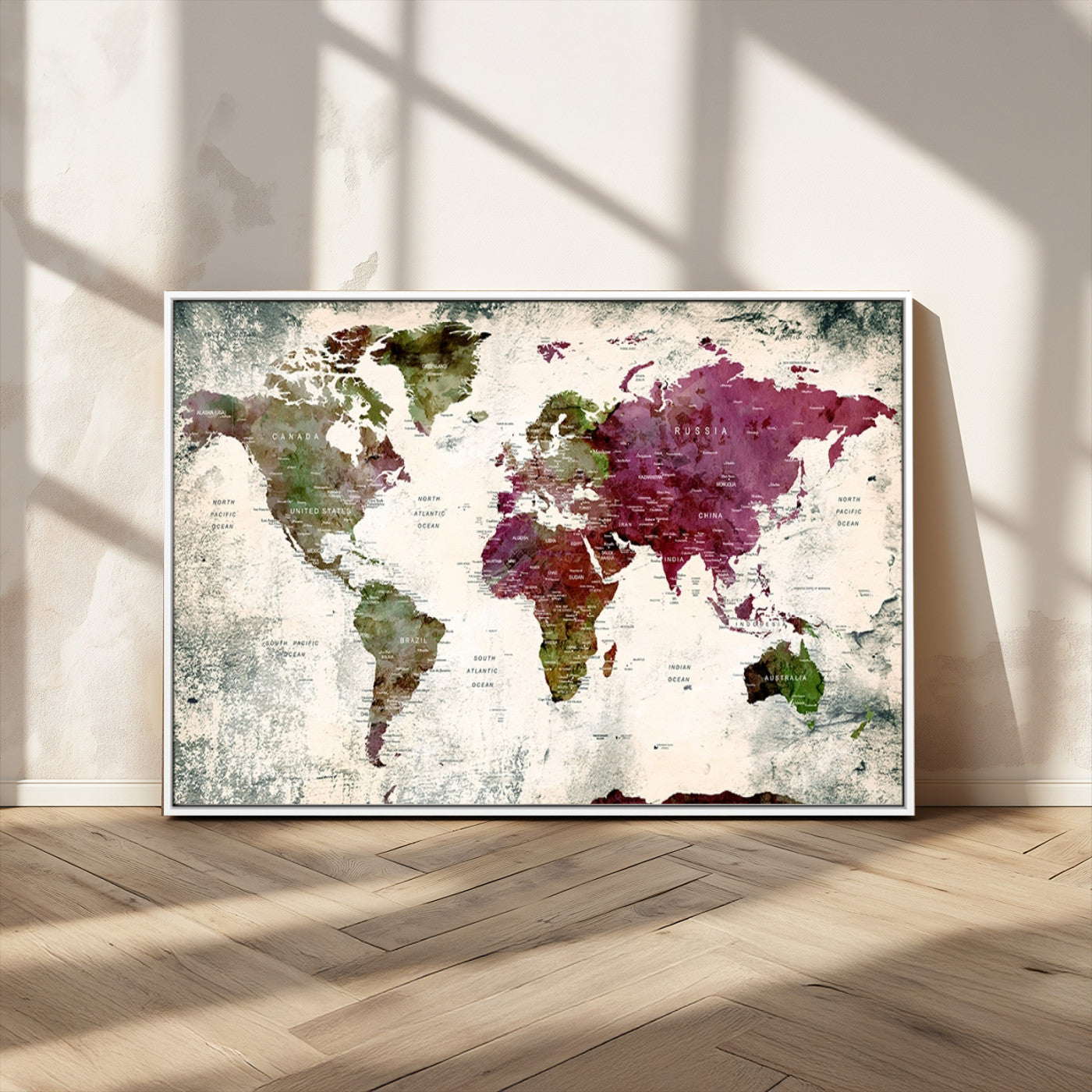 -Vintage Watercolor Push Pin World Map Canvas – Framed Travel Wall Art for Home and Office Decor