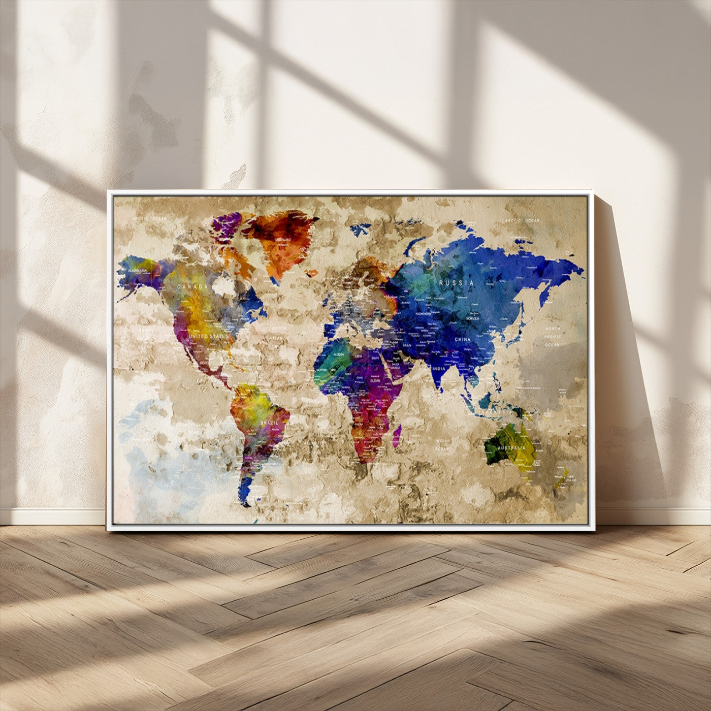 92939-MGV-CV-36X24-Colorful World Map Canvas Wall Art – Abstract Watercolor Map Print, Modern Travel Decor for Home Office or Study