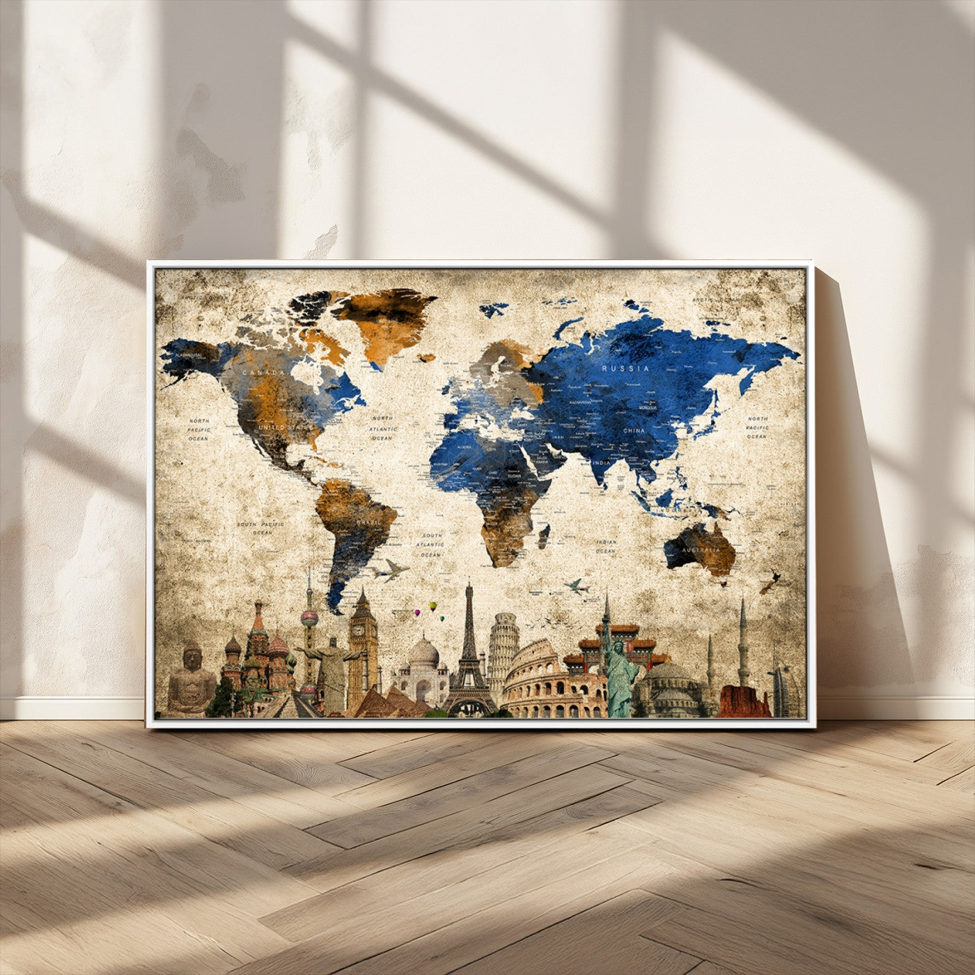 20261-MGV-CV-36X24-World Map Canvas Print – Vintage Blue and Gold World Map Wall Art, Framed Travel Inspired Decor for Living Room or Office