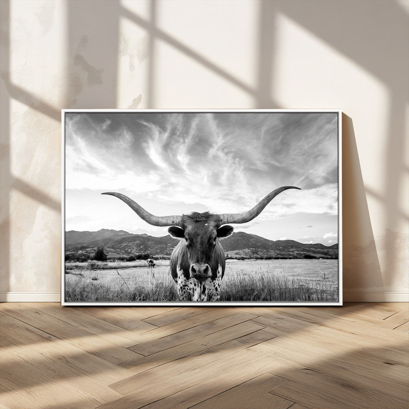 79527-MGV-CV-36X24-Longhorn Black and White Wall Art – Rustic Western Bull Canvas Print, Farmhouse Country Decor for Living Room, Office or Ranch, Cowboy Wall Artwork