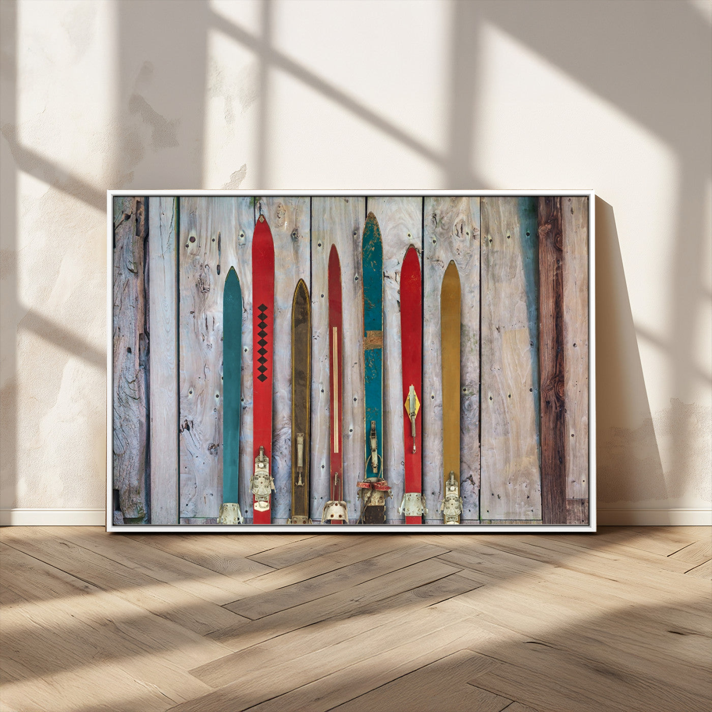 -Vintage Wooden Weathered Ski's in Front of an Old Barn Wall Art Canvas Print for Farmhouse, Cabin