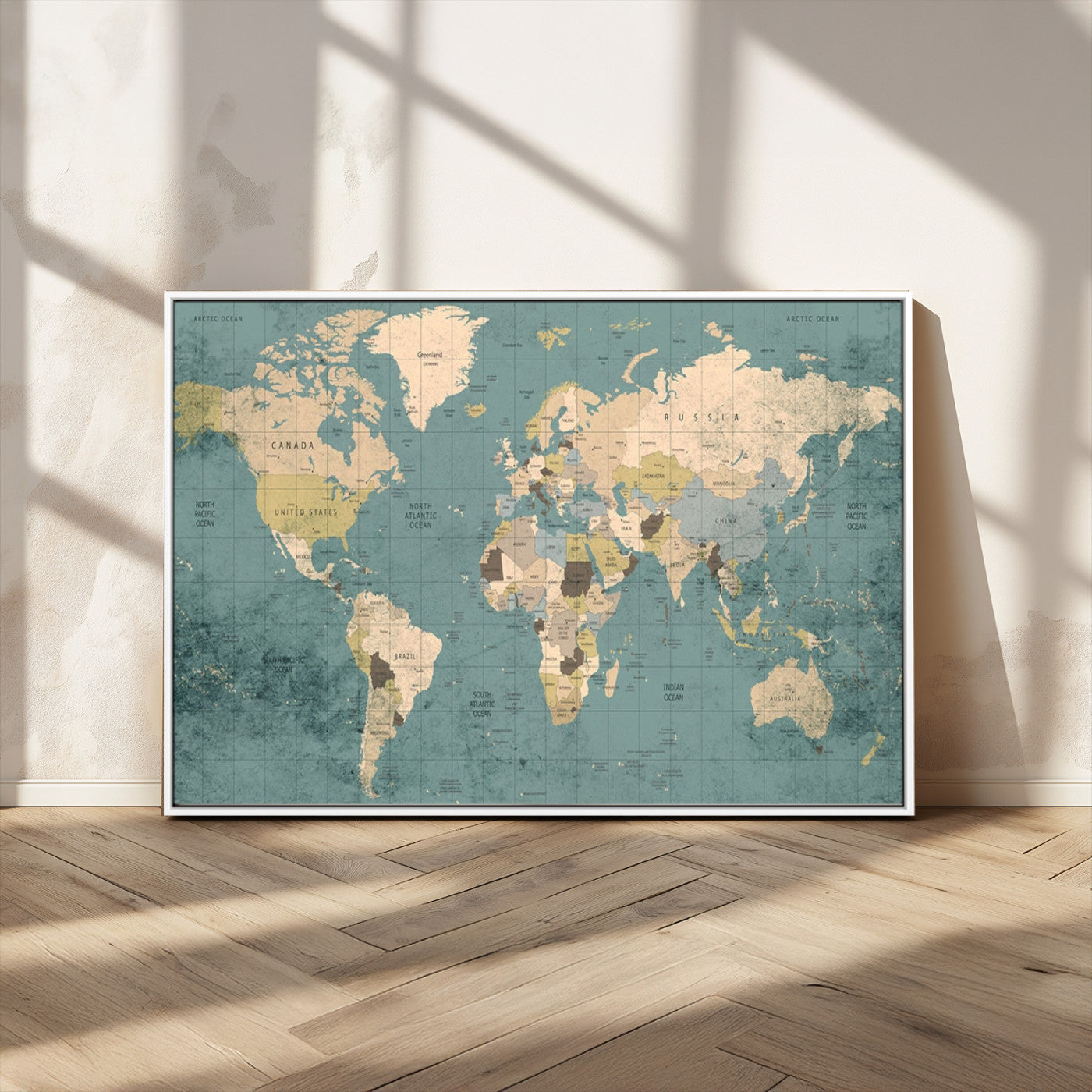 -Classic World Map Canvas Print – Framed Vintage Map Wall Art, Retro Atlas Design for Rustic Explorer or Study Room Decor