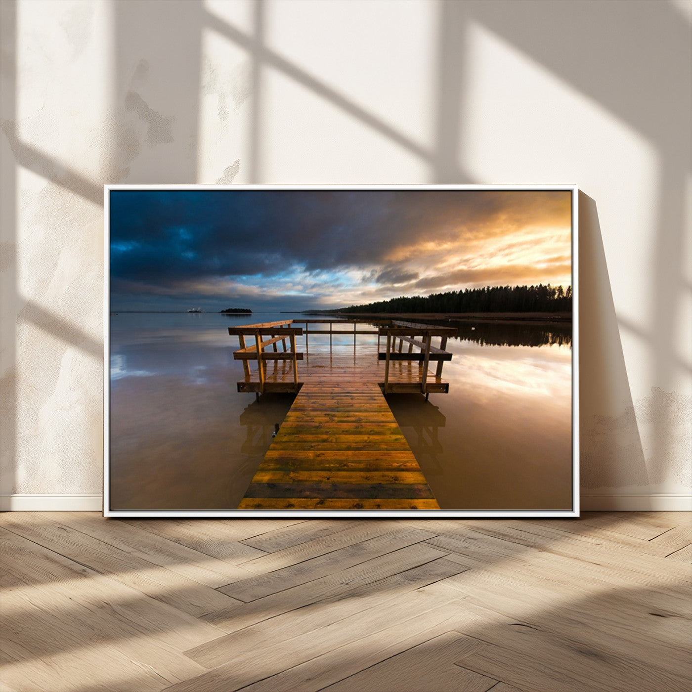 -Serene Lake Pier at Sunset Canvas Print | Landscape Canvas Print | Ready to Hang and Framed Wall Art